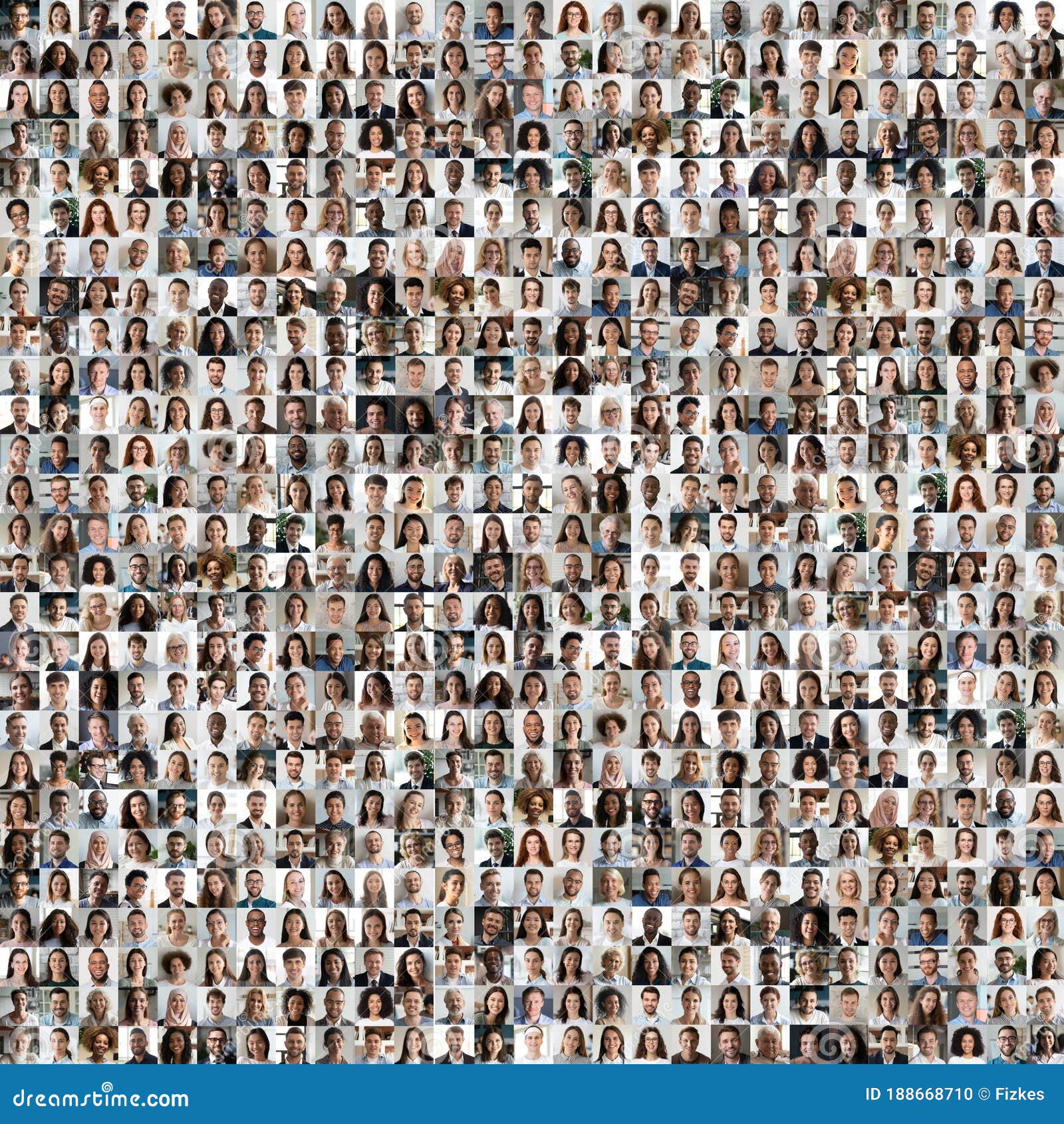 lot of different multiracial people faces in square collage mosaic