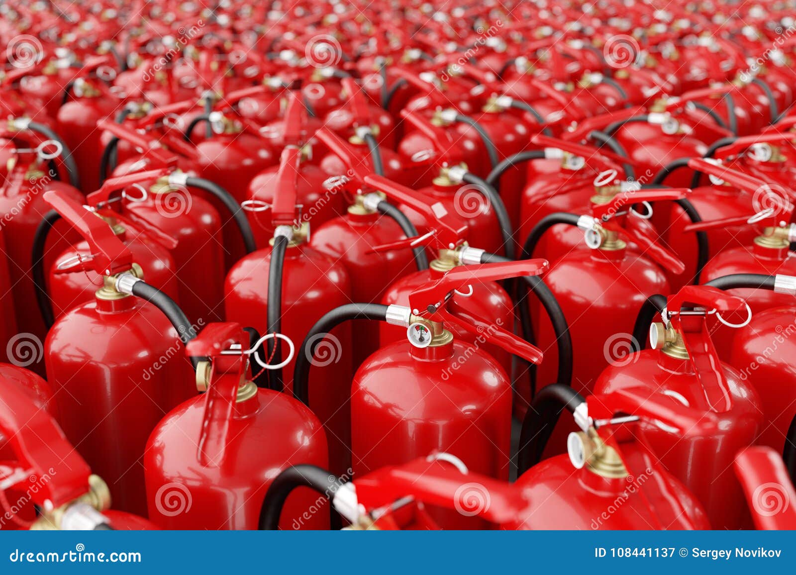 A Lot of Fire Extinguishers. Concept of Protection and Security Stock