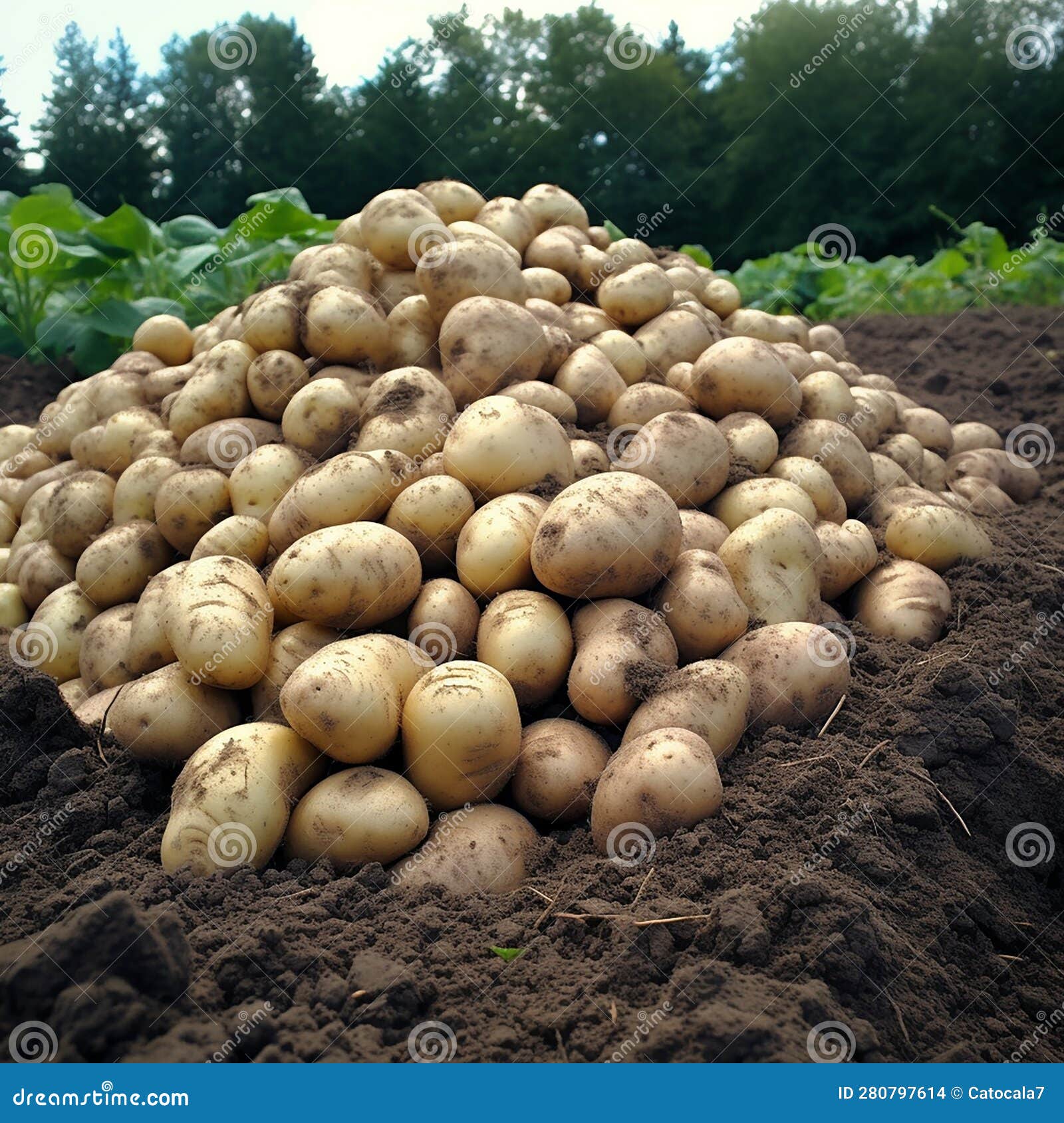 lot, mountain of potato tubers on ground, good harvest, agriculture, for advertising seeds