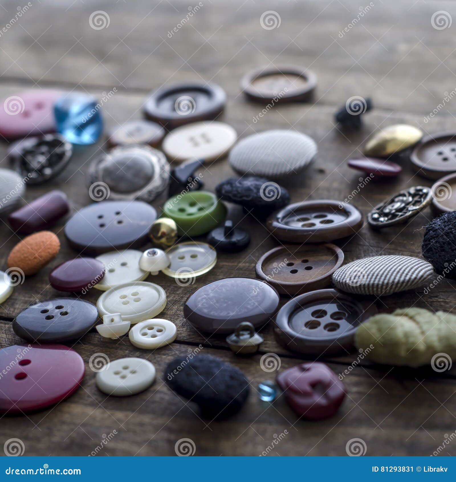 Lot of Vintage Buttons on Old Wooden Table Stock Image - Image of ...
