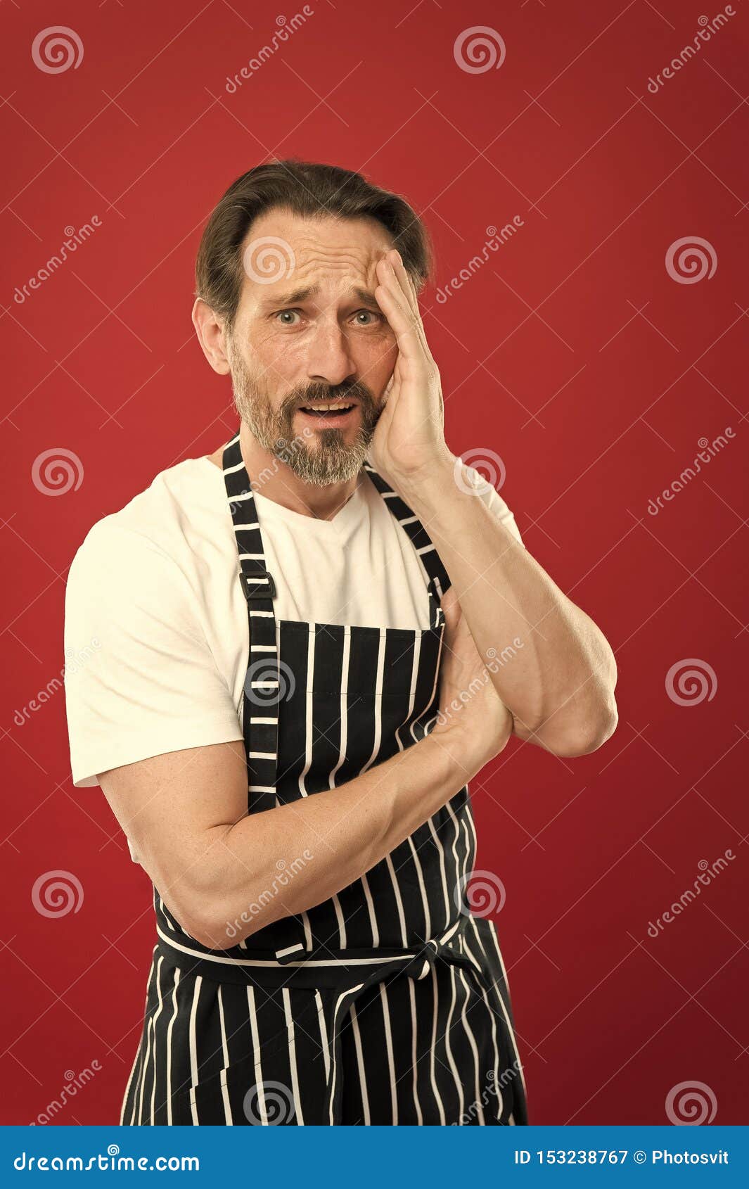 Lot Of Work Confident Mature Handsome Man In Apron Red Background
