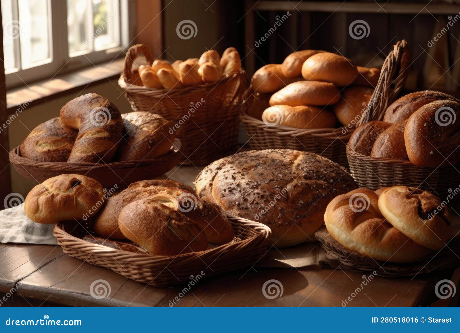 Lots of Different Fresh Bread in the Bakery, AI Generated Stock