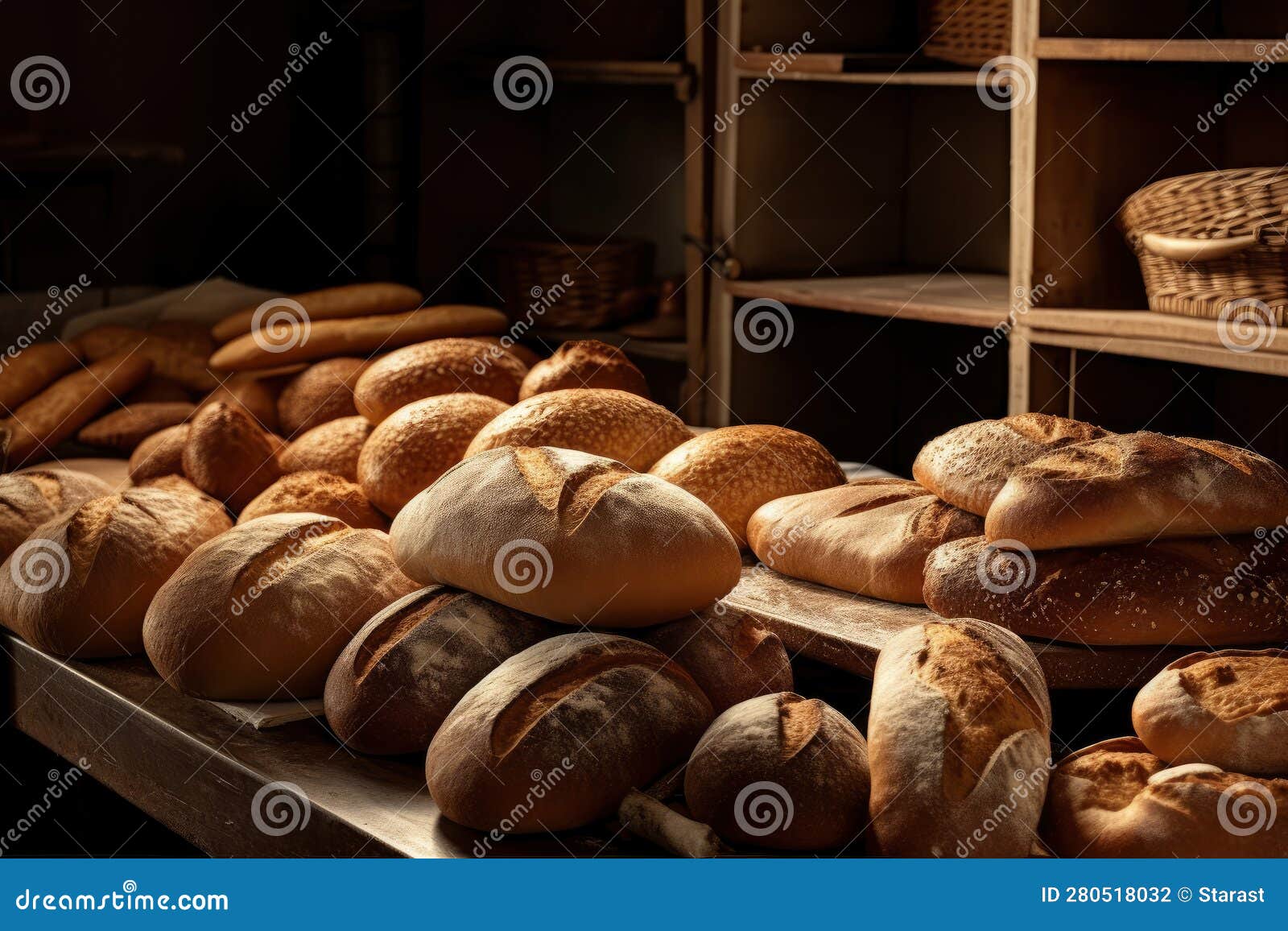 Lots of Different Fresh Bread in the Bakery, AI Generated Stock