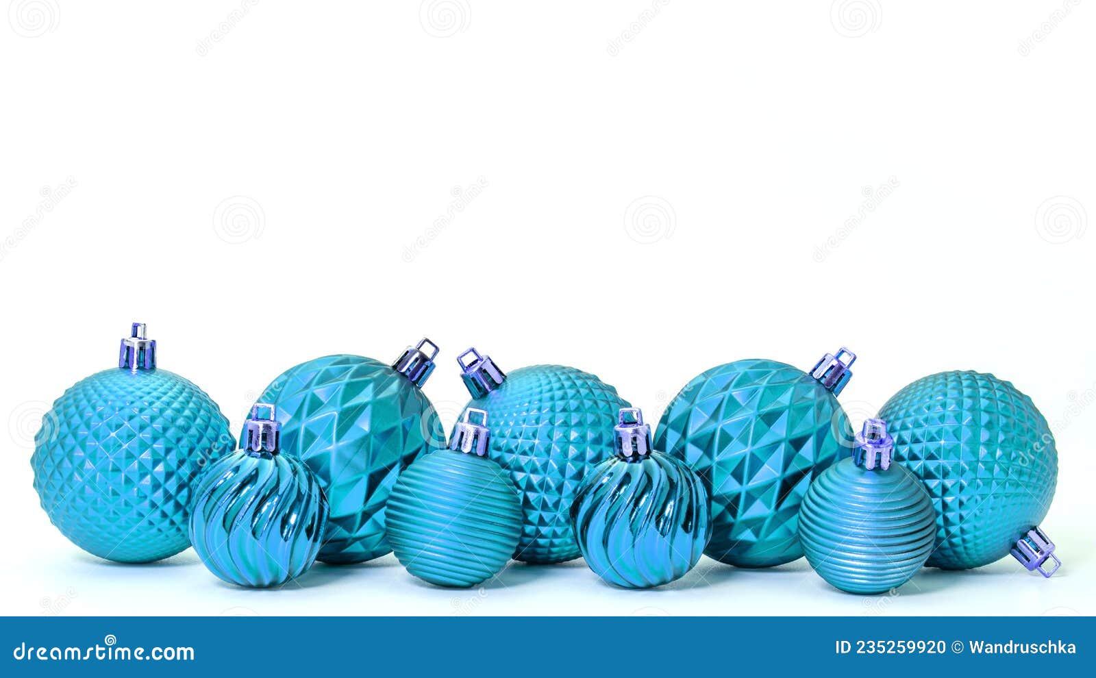 Lots of Large and Small Light Blue Christmas Tree Balls Stock Photo