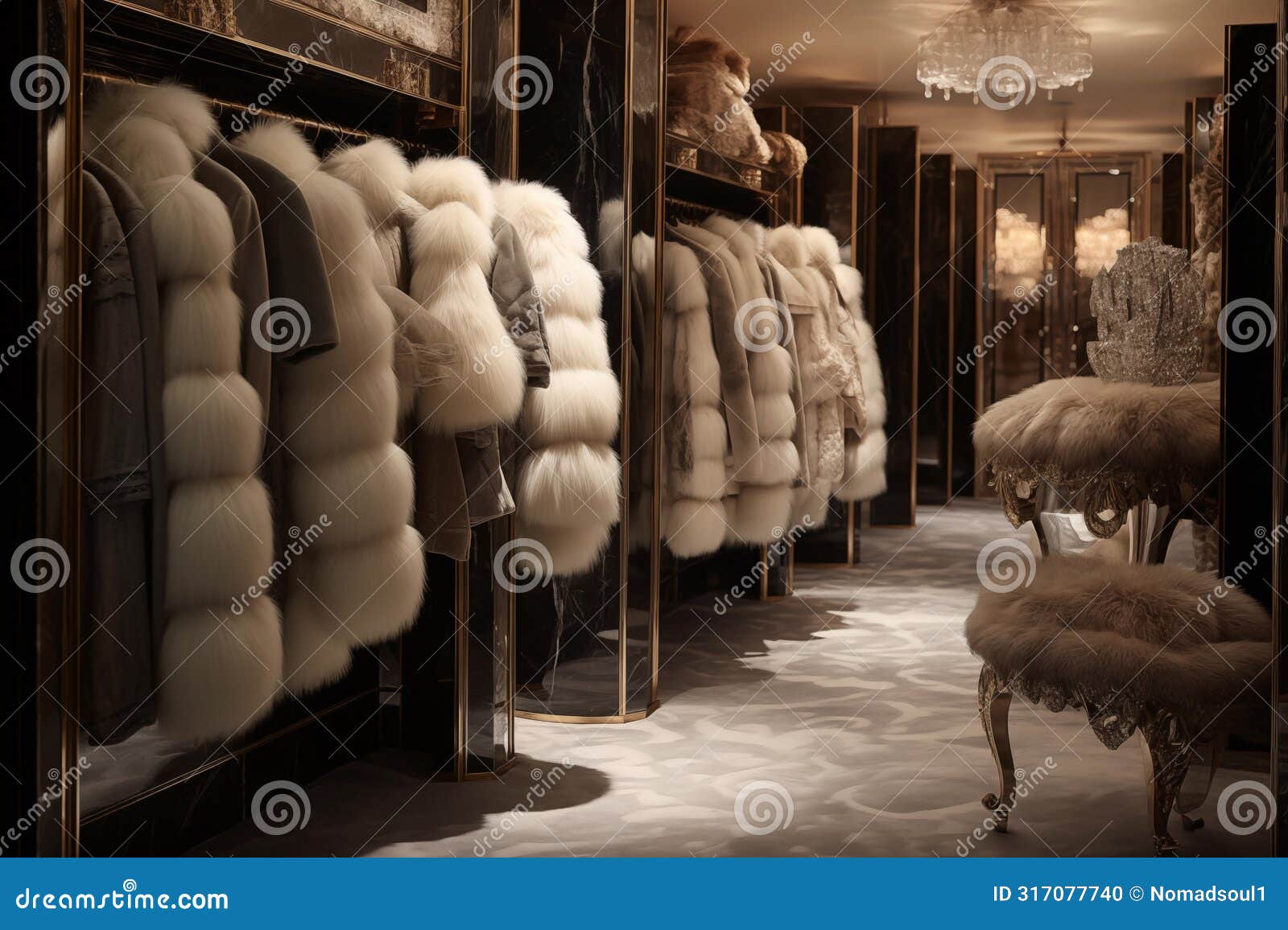 lots of luxurious fur coats hanging in opulent walk-in closet. generative ai