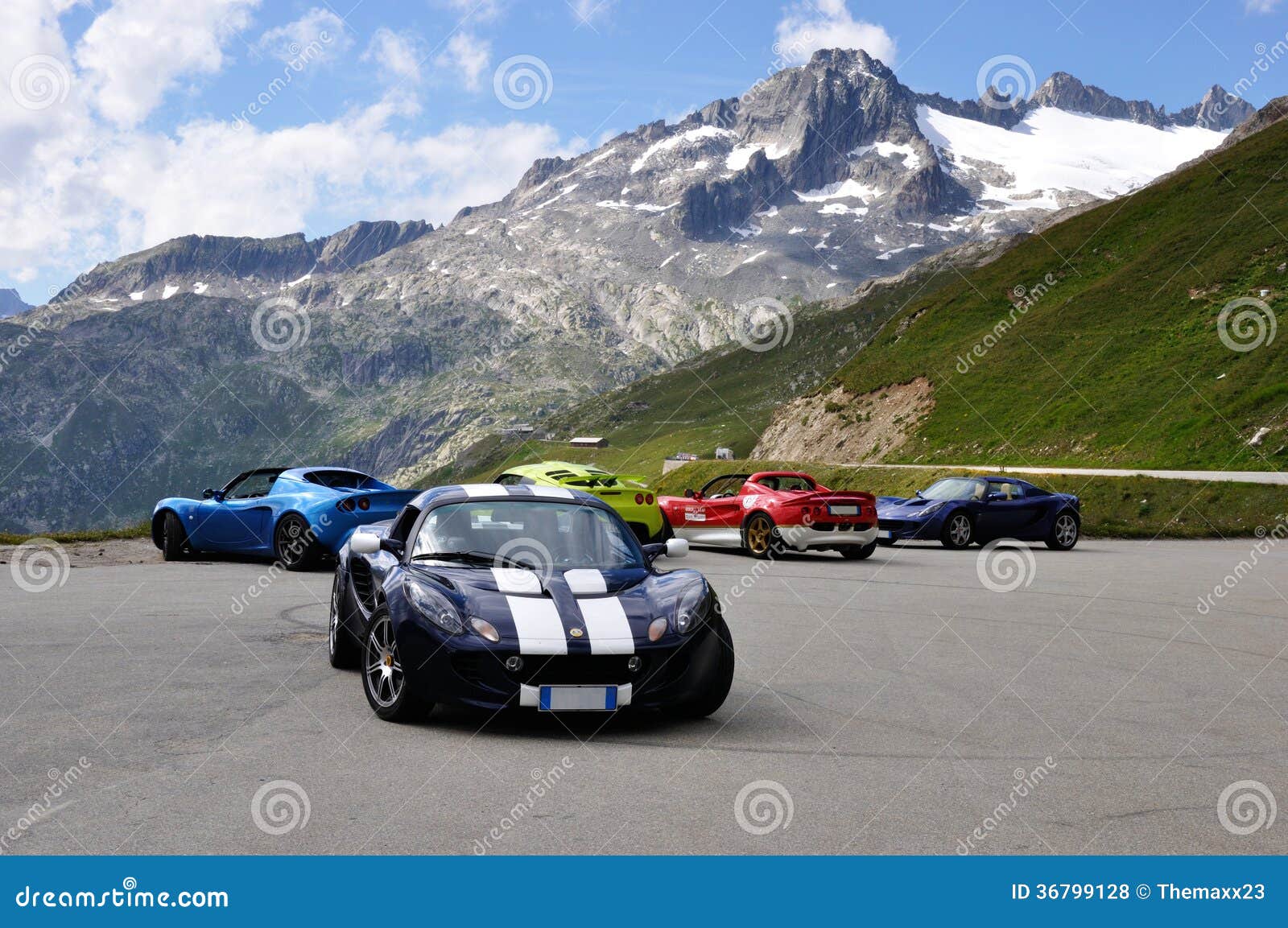 Lotus Elise and Alps landscape. Lotus Elise meeting in Alpine place