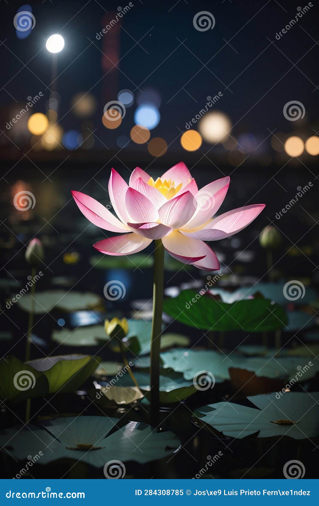 Lotus flower at night stock illustration. Illustration of green 284308785