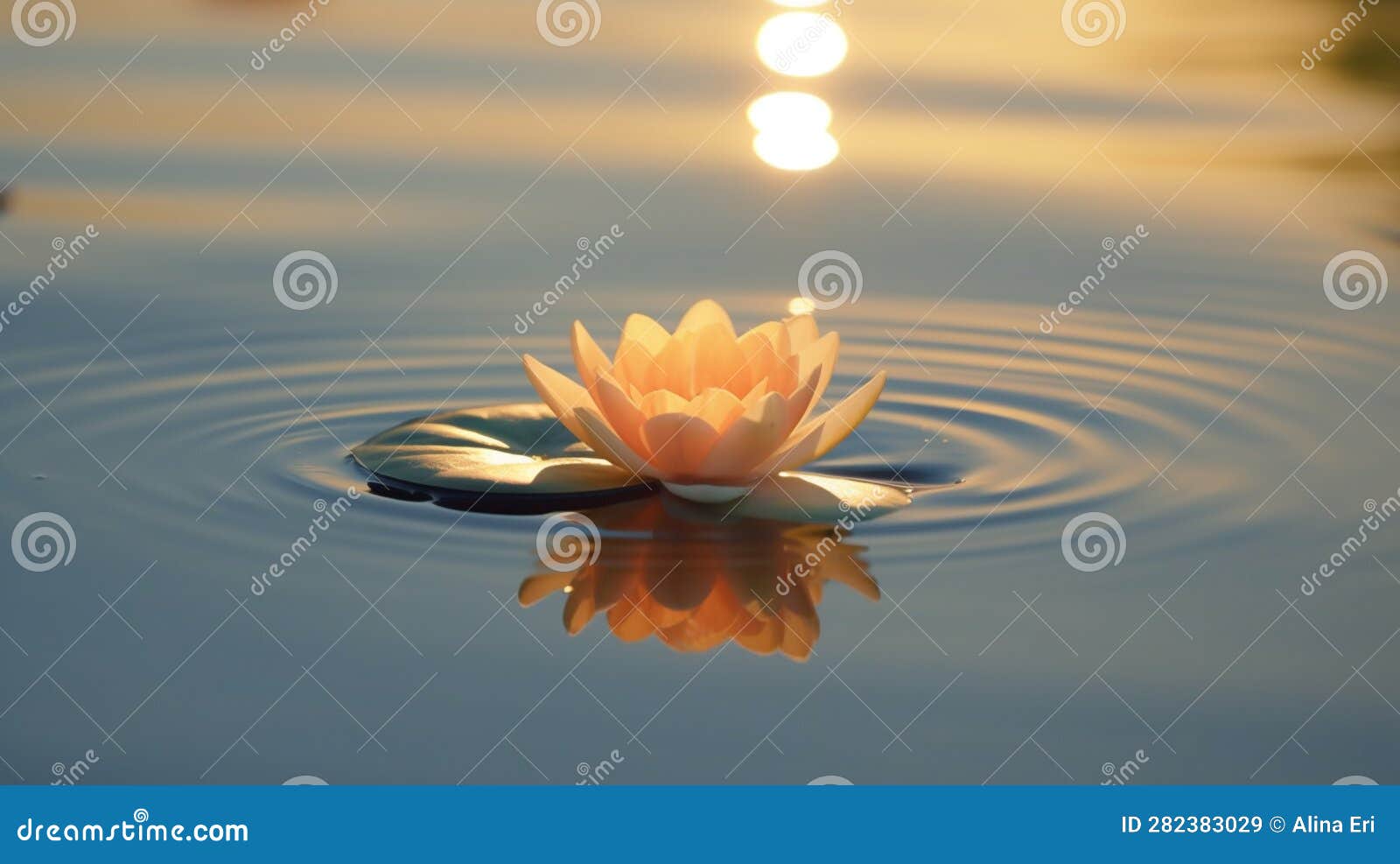 the lotus flower, water lily floats delicately in circles diverging on the water on the surface of serenity pool in sun light