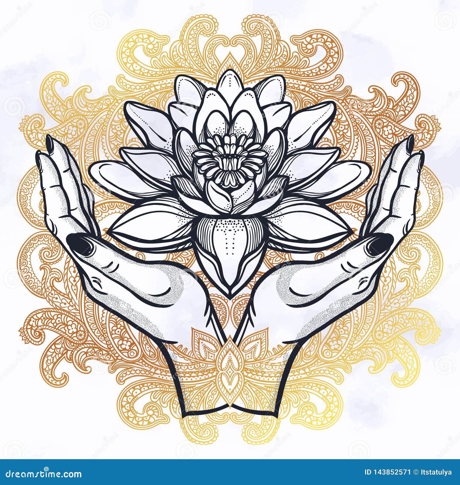 Lotus in hands . stock vector. Illustration of buddhism - 143852571