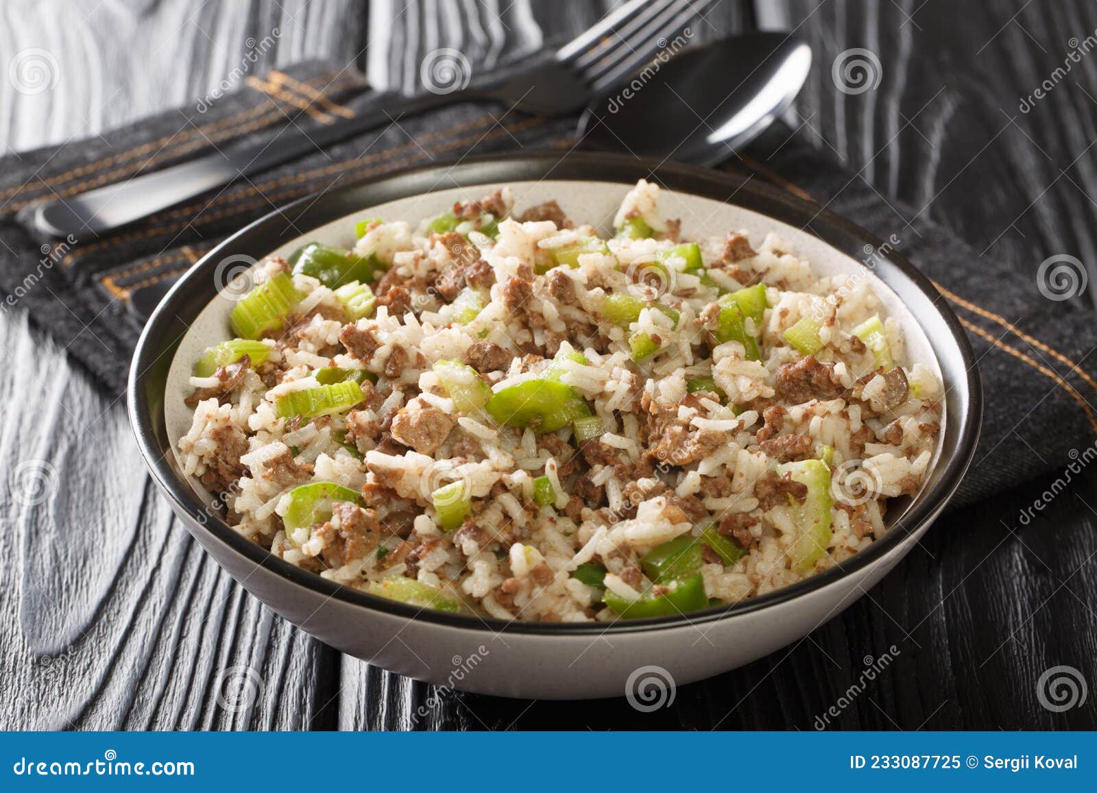 Louisiana Dirty Rice Made with Chicken Livers and Ground Meat Close-up