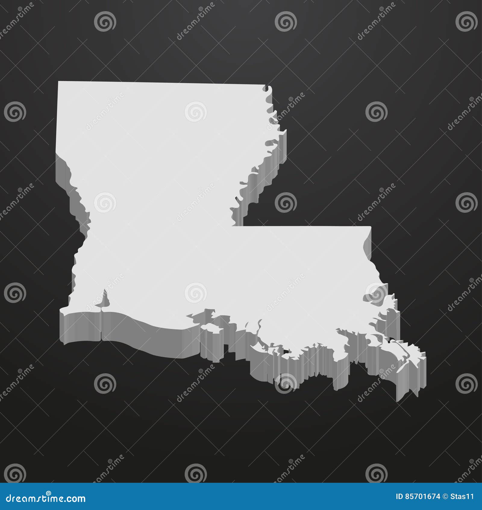 Louisiana State Map in Gray on a Black Background 3d Stock Vector