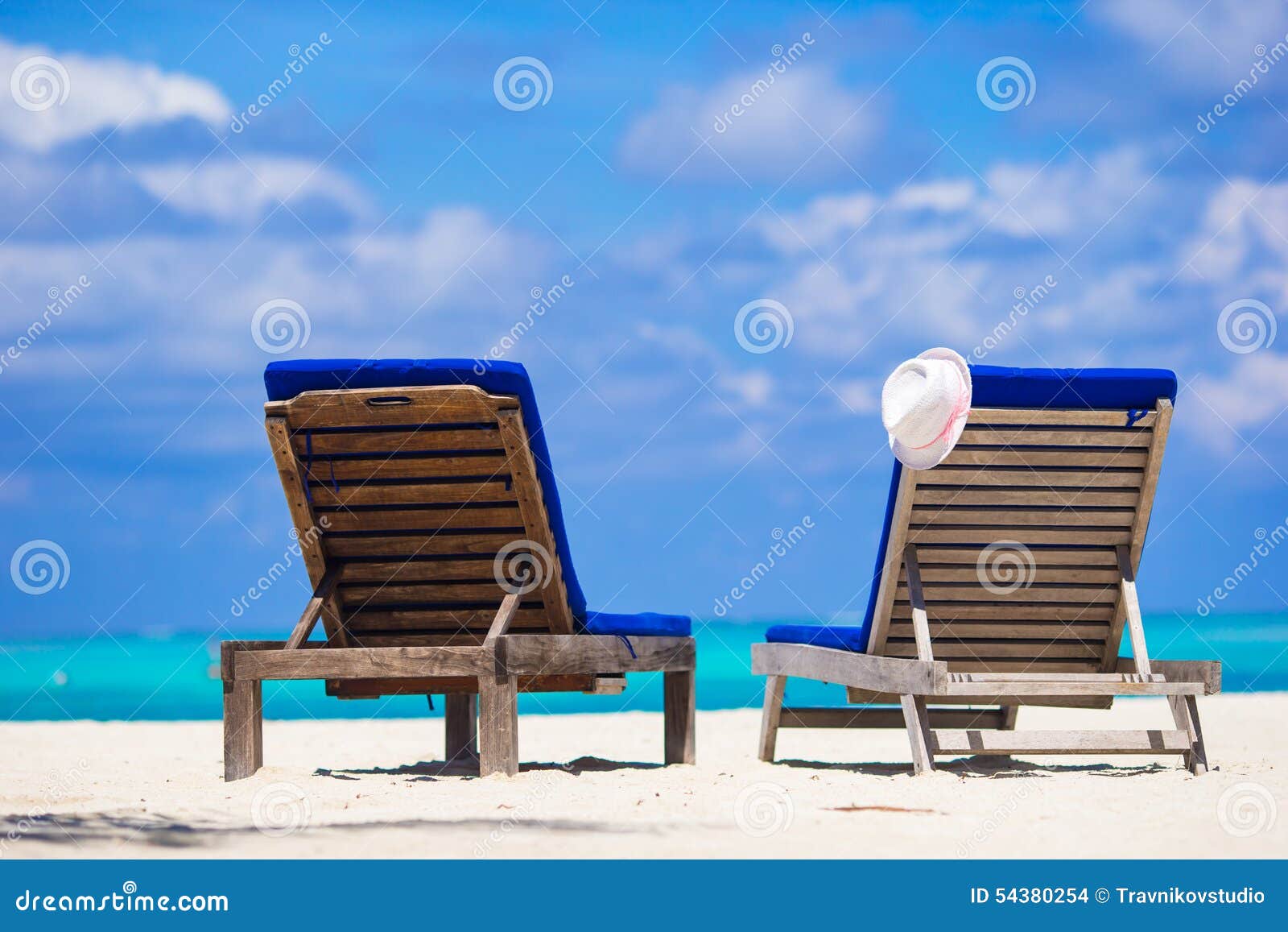 Lounge Chairs with Hat on Tropical White Beach Stock Photo Image of