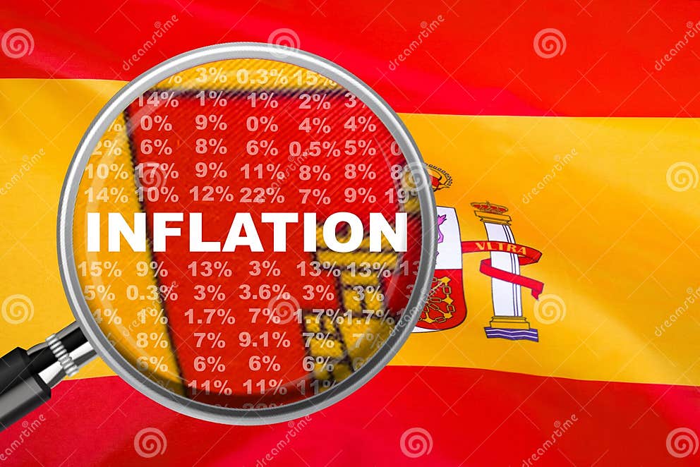 Loupe Focused on the Word Inflation on Spain Flag Background. Inflation