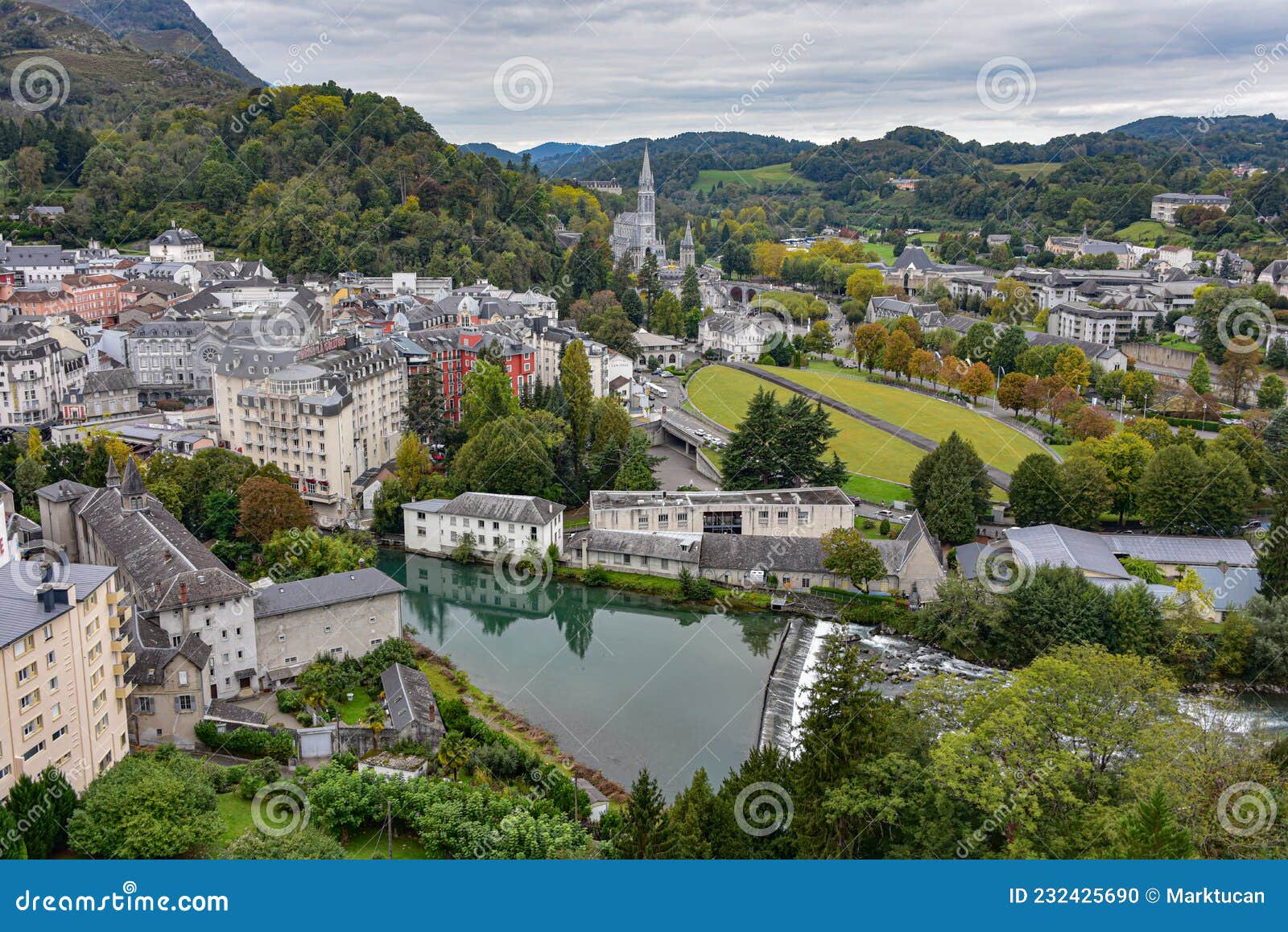 Views of the Rosary Basilica and Gave De Pau River from the Chateau ...