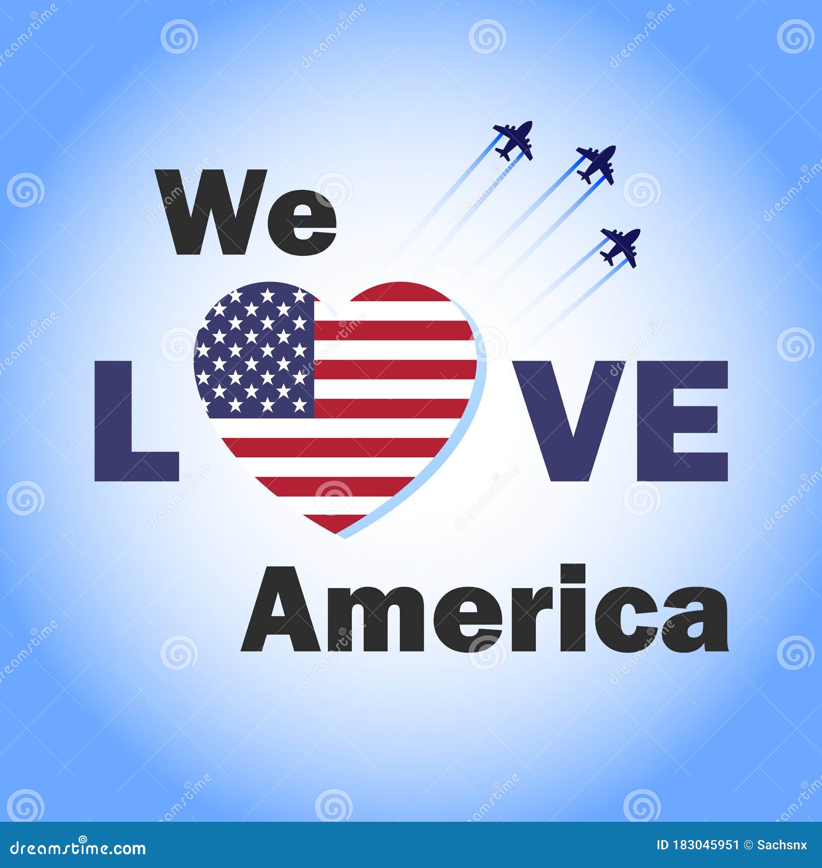 We Love America Banner with Heart Shaped USA Flag. Patriotic Poster with Fighter Jet in the Sky