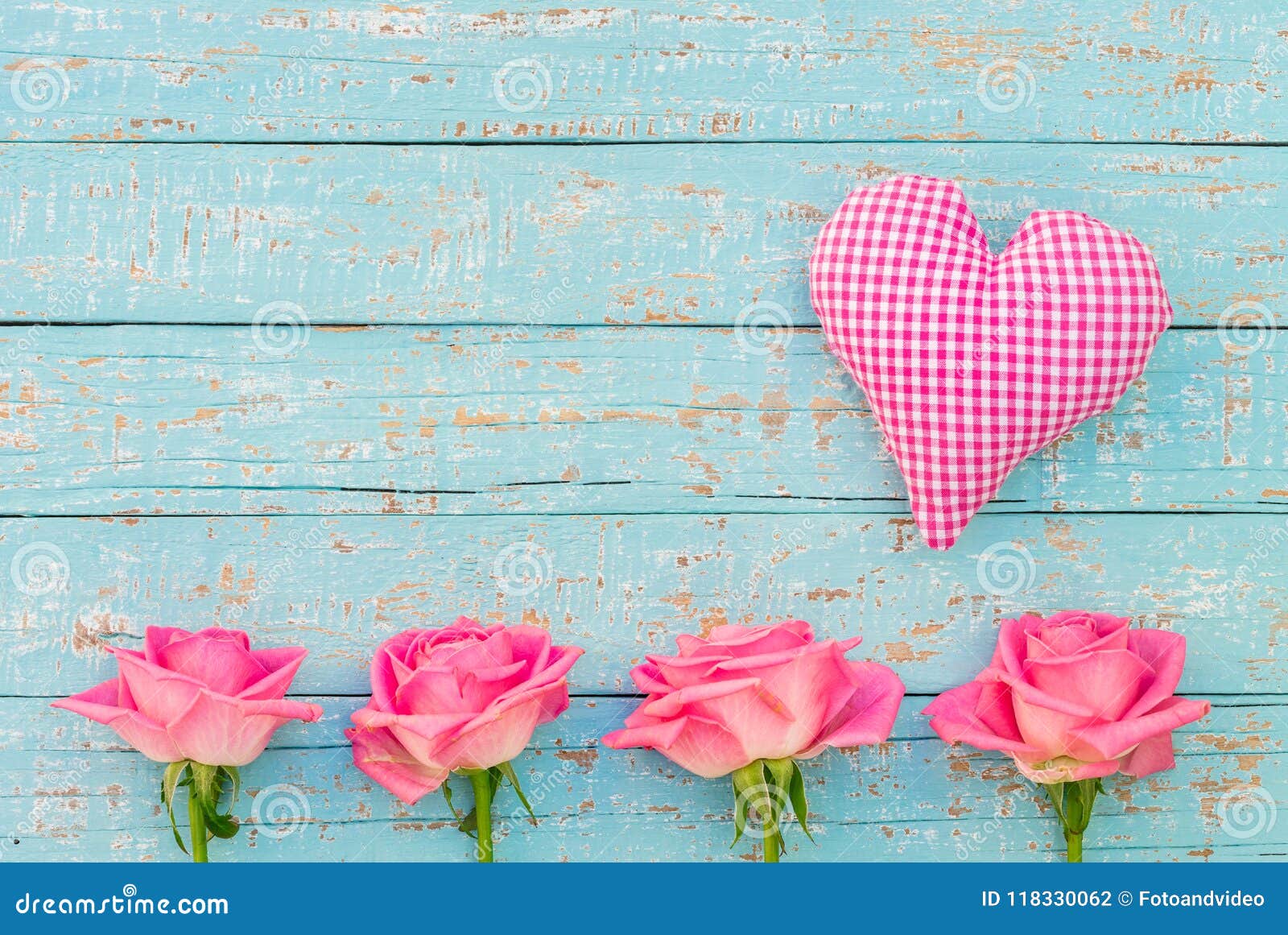 Pink Heart and Roses on Light Vintage Blue Wooden Background with Copy ...