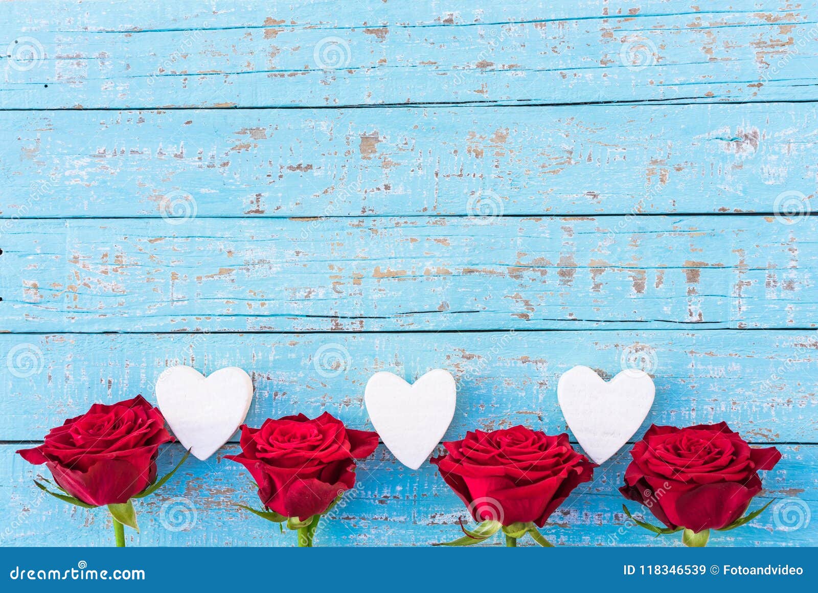 Red Roses and Hearts Border on Light Blue Wood Background for Wedding ...