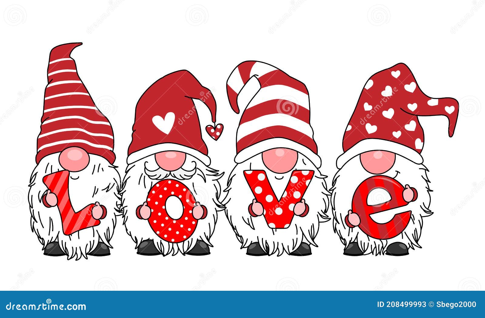 love card. four gnomes with the letters love
