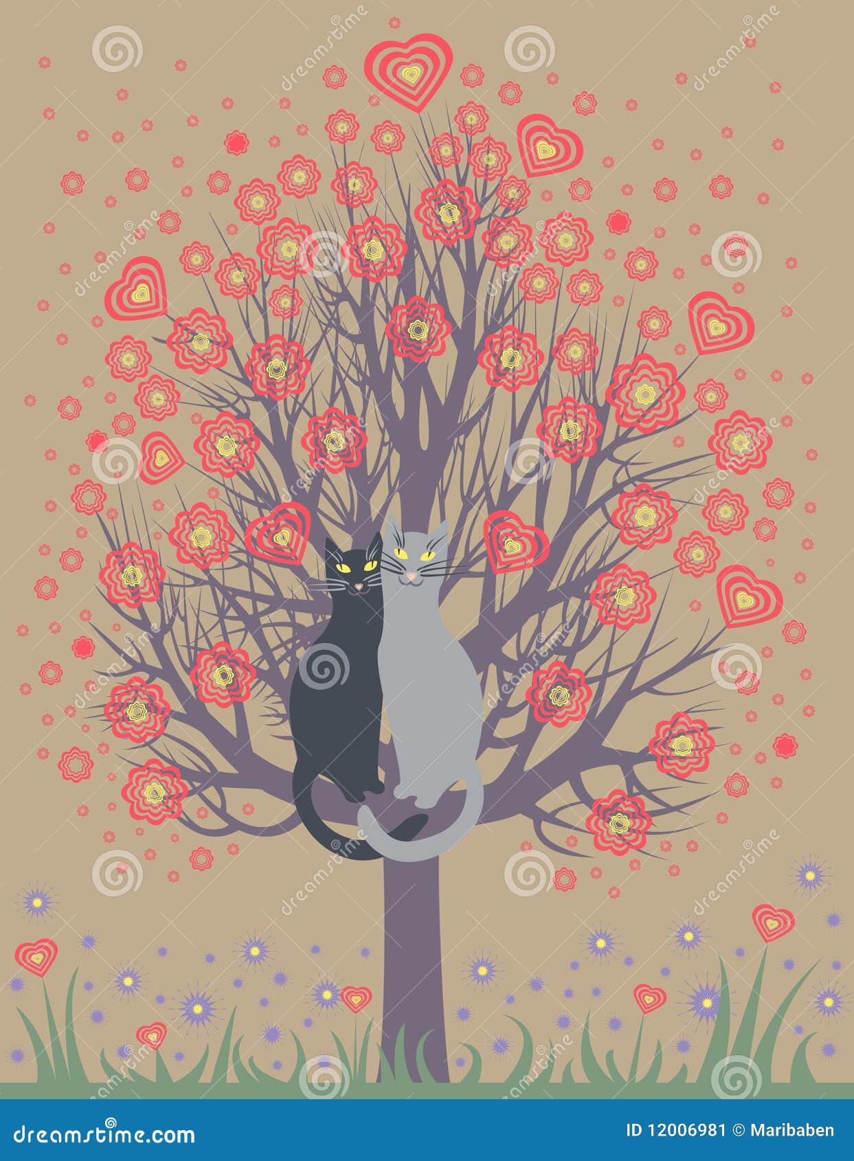 In Love Cats on a Flowering Tree Stock Vector Illustration of garden, congratulation 12006981