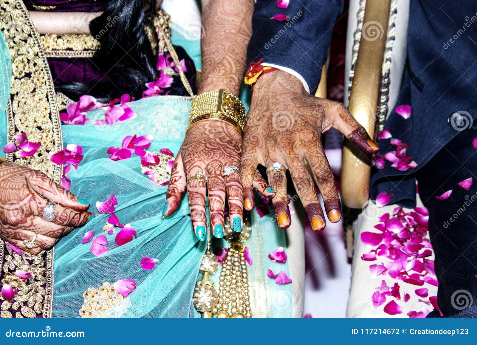 A bride is wearing a ring on the groom's finger. Indian Wedding. 22512790  Stock Photo at Vecteezy