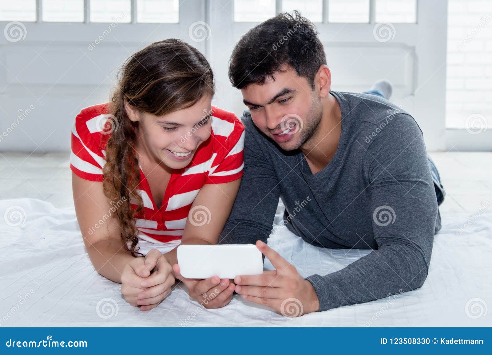 Love Couple Watching Movie On Mobile Phone Stock Photo Image Of Girlfriend Indoors 123508330