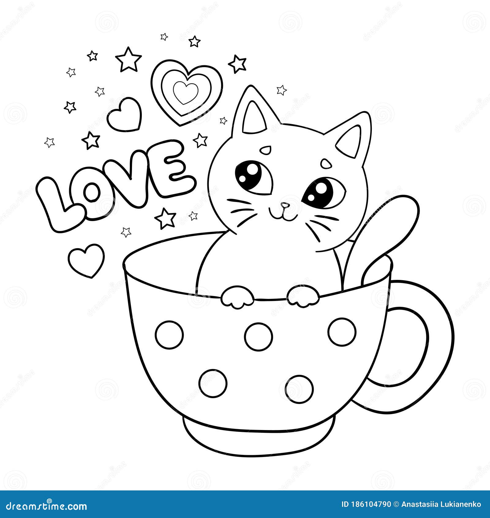 Love. Cute Cartoon Kitten In A Cup. Black And White. Vector Illustration...  Stock Vector - Illustration Of Kitten, Decoration: 186104790