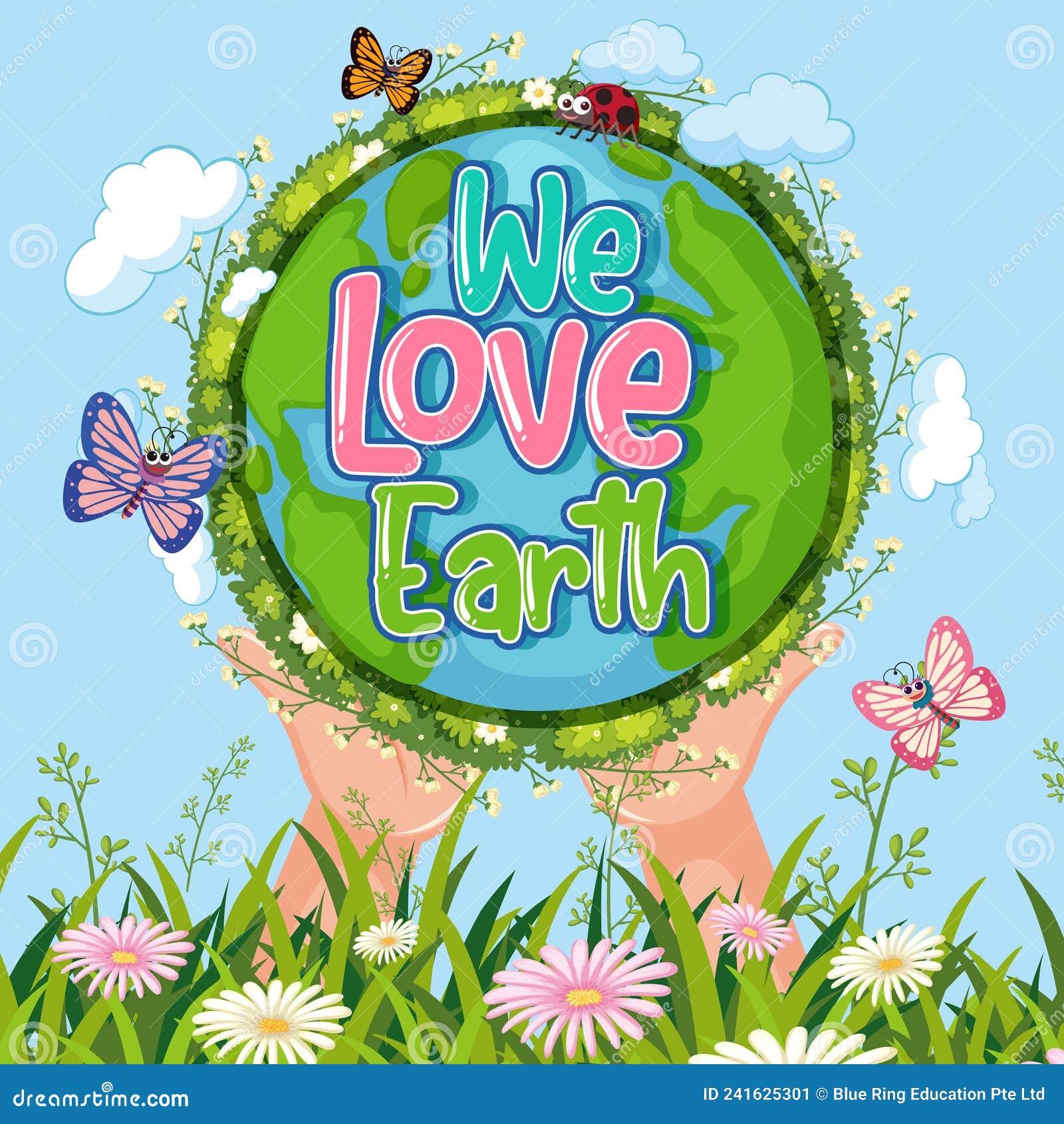 We Love Earth Banner with Nature Elements Stock Vector Illustration