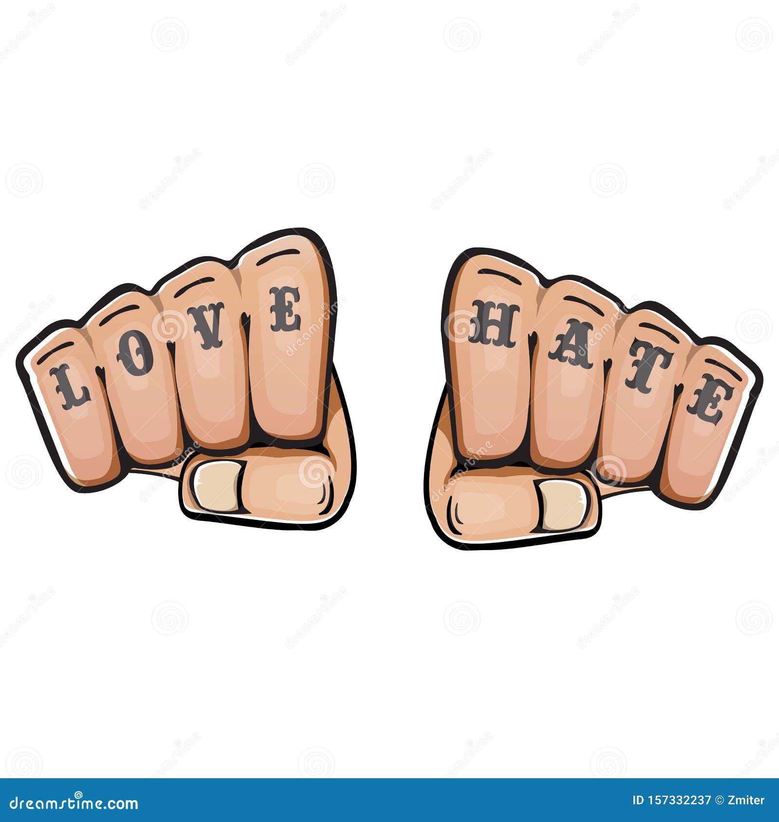 Love And Hate Fists With Tattoo Isolated On White Background Fight For Love Concept Illustration With Fist Punch Stock Vector Illustration Of Prin Anger