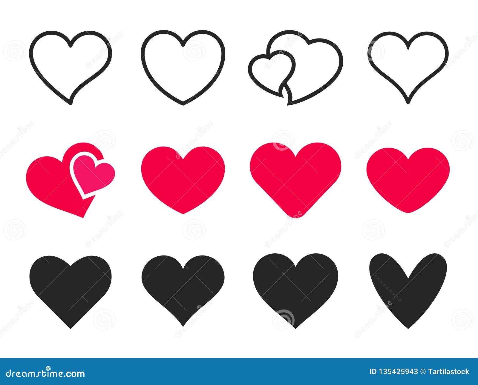 love heart icon. loving hearts, red like and lovely romance outline  icons set