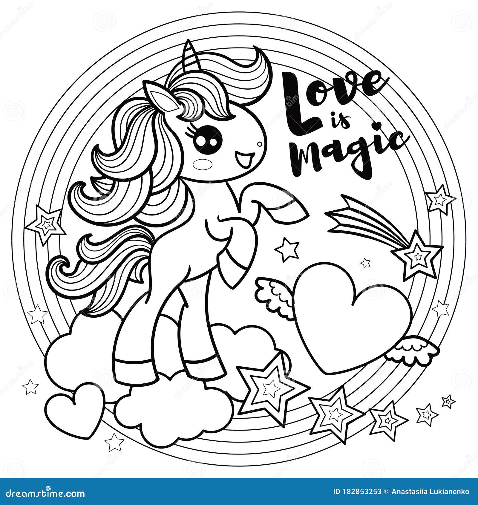 Love is Magic. Black and White Image. Cute Unicorn with a Heart and a ...