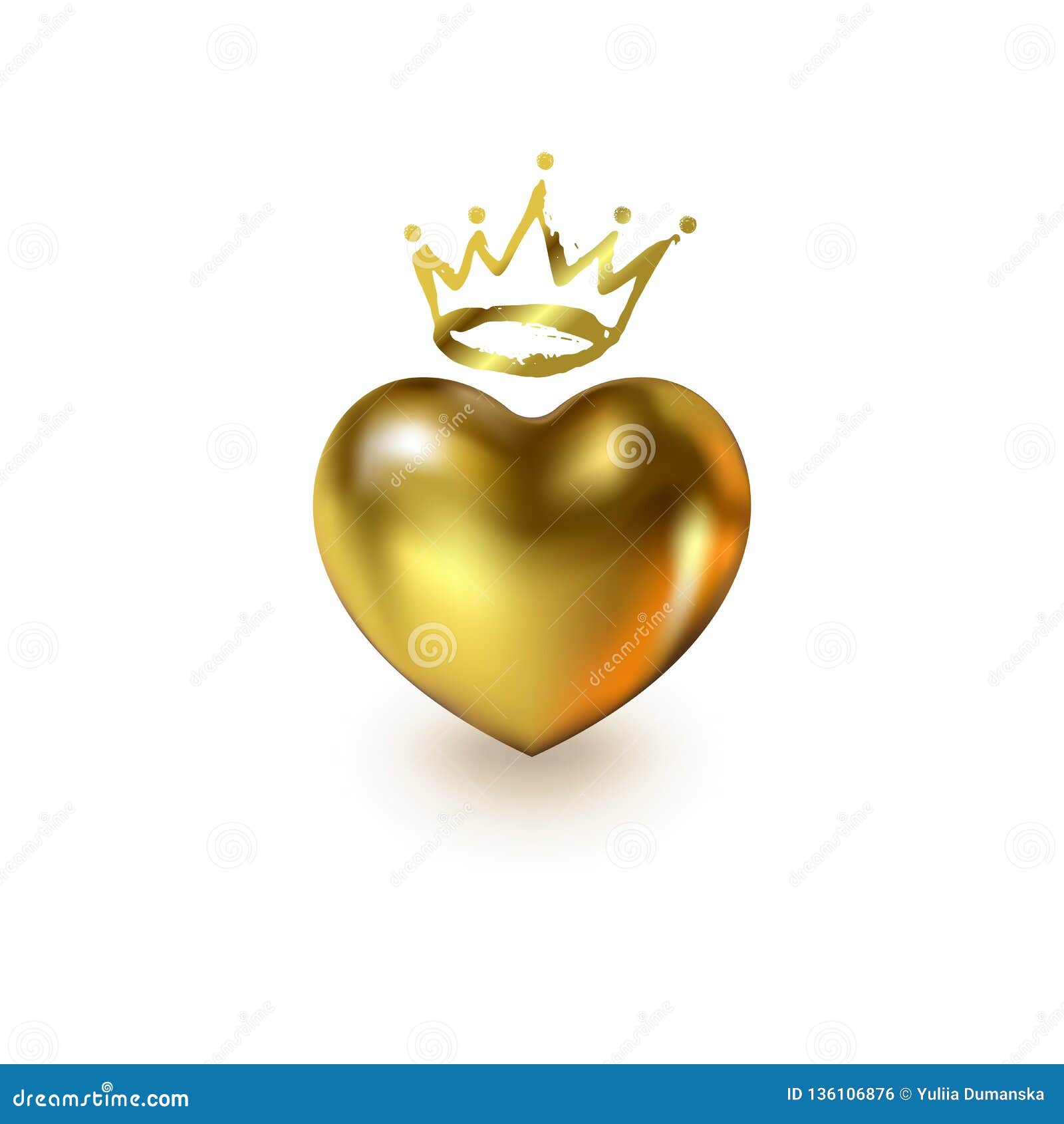 Love Realistic Heart with Golden Crown Isolated on White Background ...