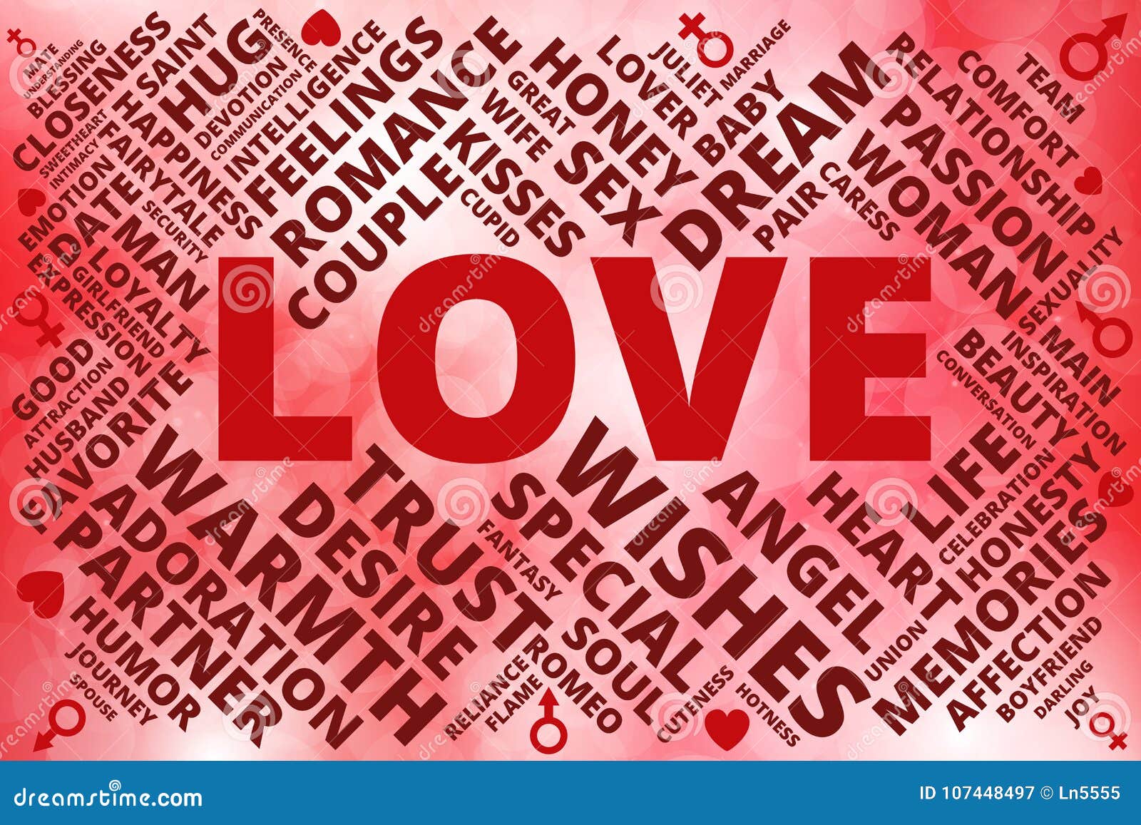 Love Related Words Cloud Collage of Red Shades with Hearts, Man and