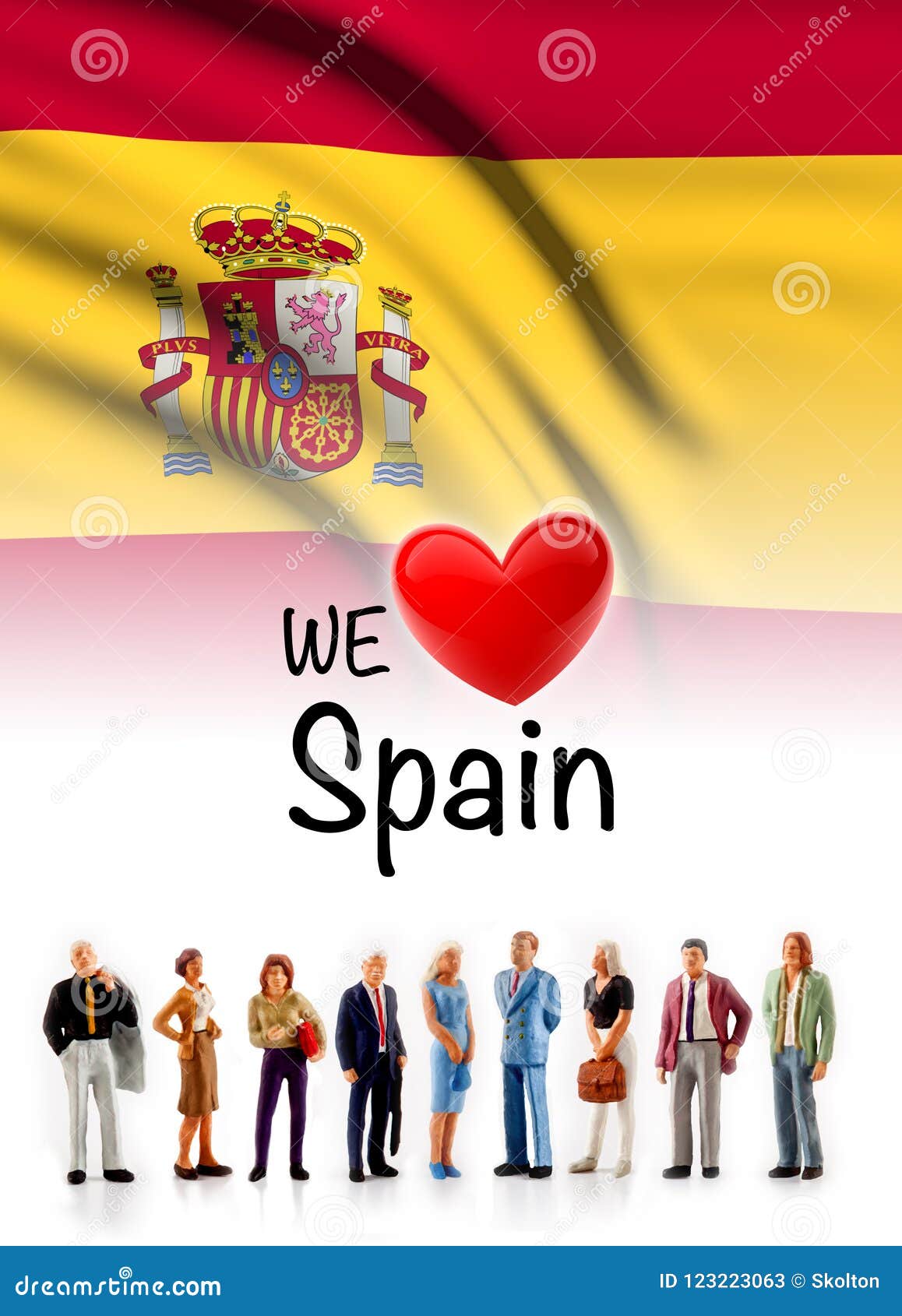 We Love Spain, a Group of People Pose Next To the Spanish Flag Stock