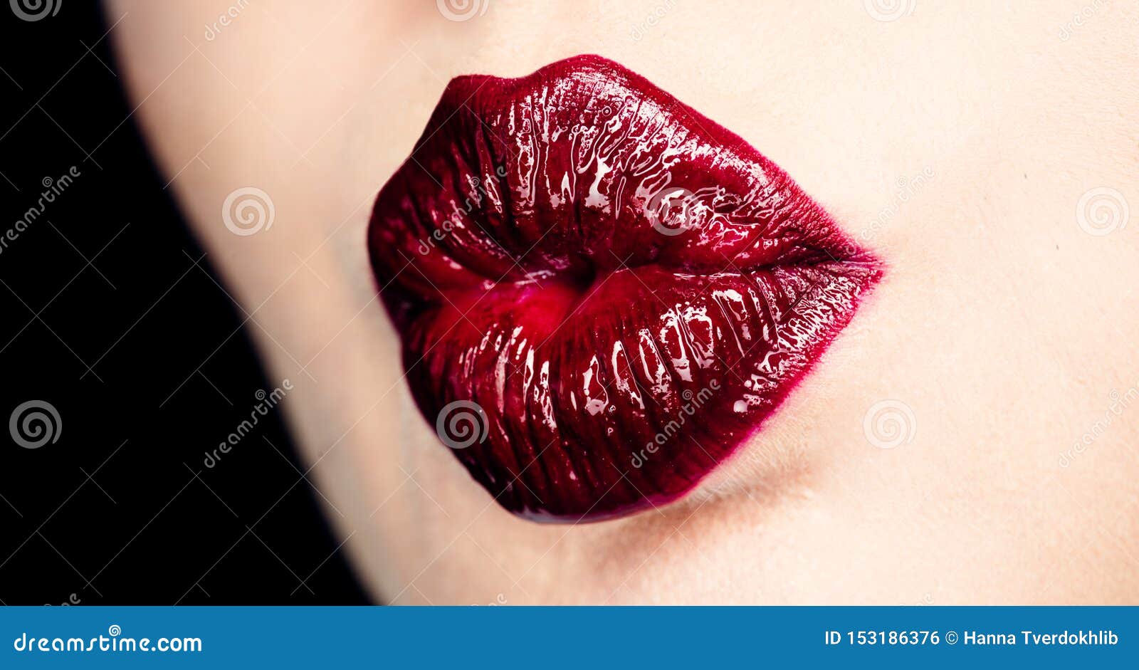 Love And Tenderness A Gentle Kiss Dark Red Lips Woman Face Close Up