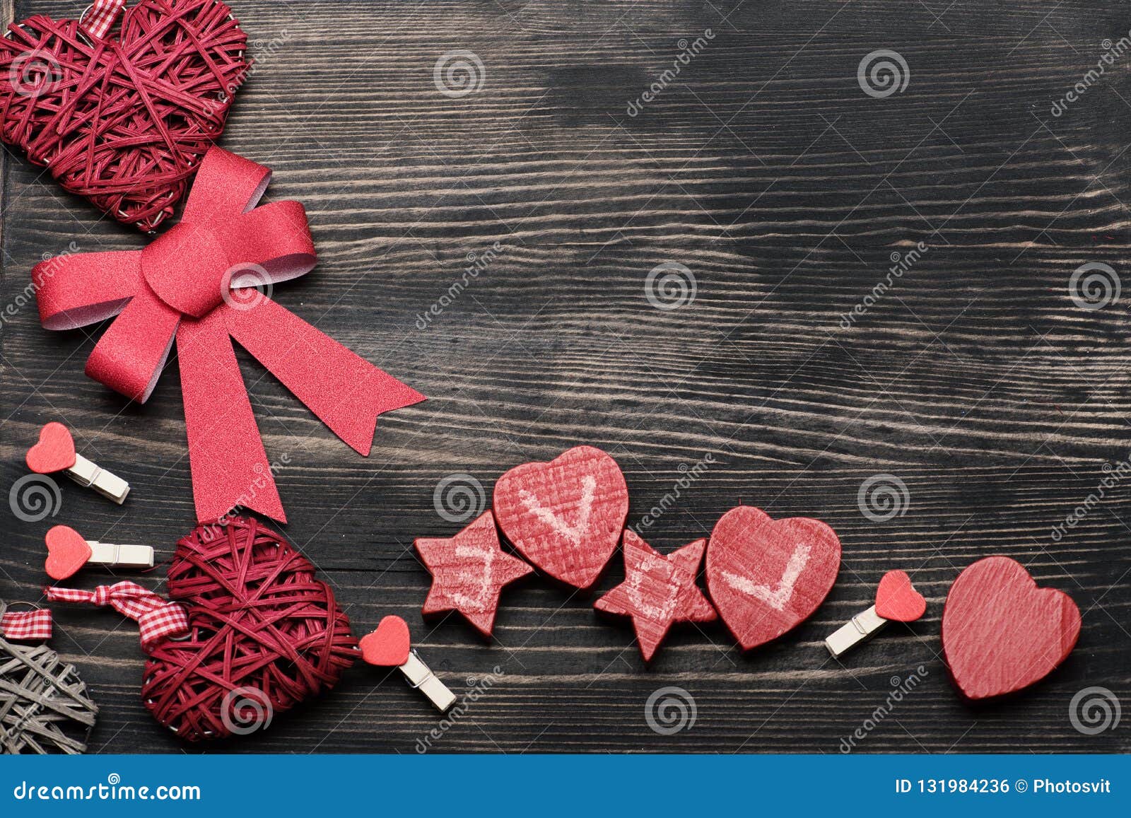 Love And Valentines Day Concept Hearts Bow Stars And Peg