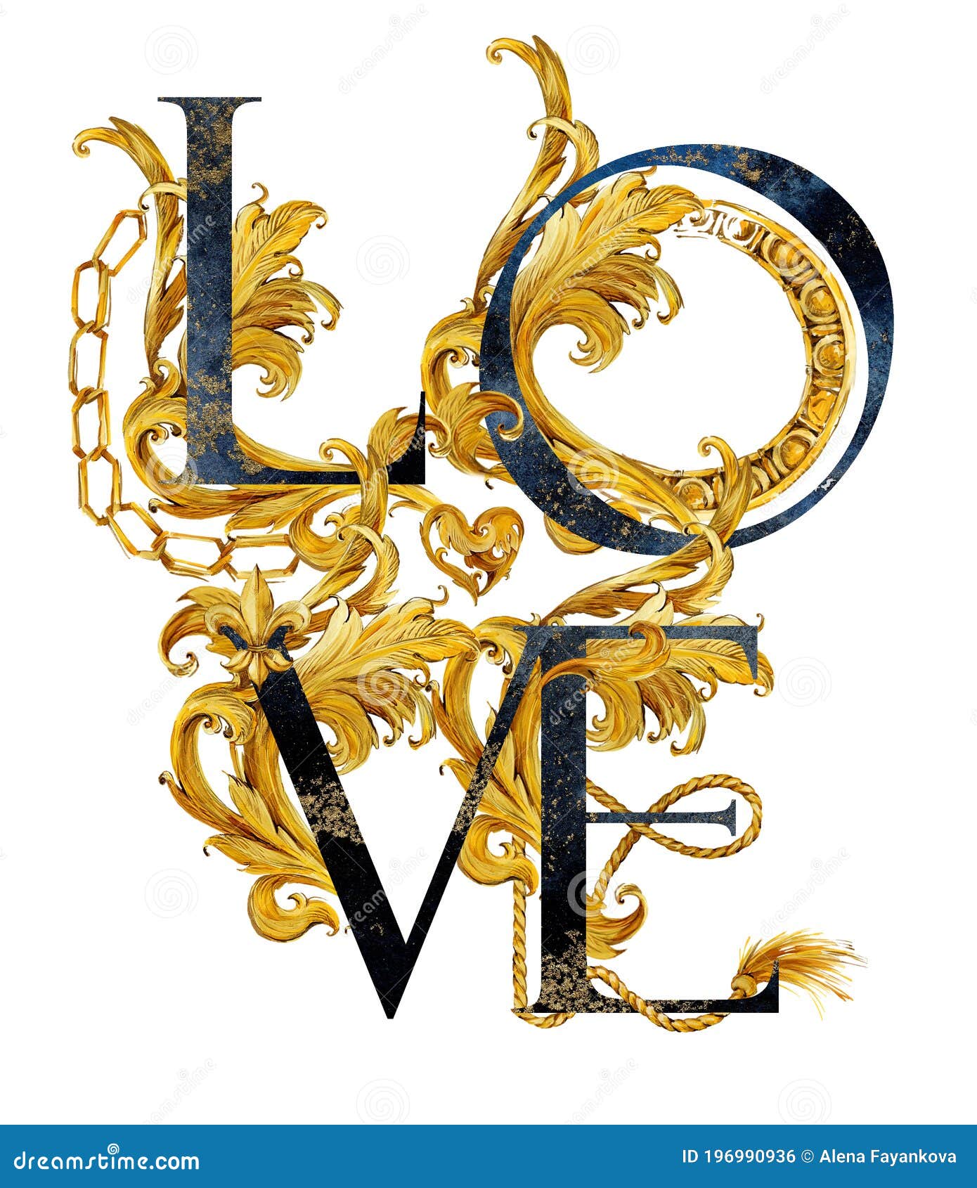 Love. Vintage Gold Damask Curl Script. Love Text Stock Illustration