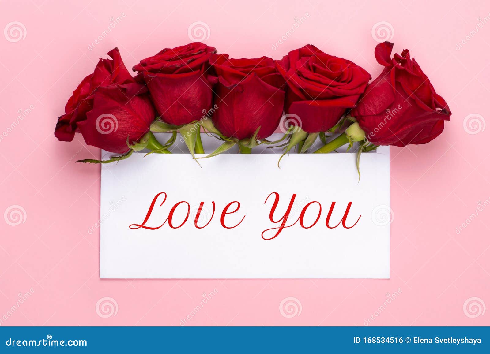 Love You Banner. Red Rose Flowers Arrangement with Blank Card on Light ...