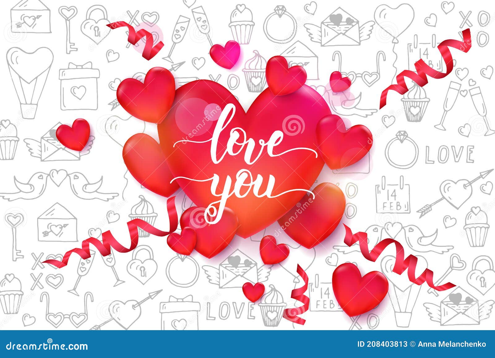 love you - handwritting motivational quote. valentine's day background with 3d red hearts and serpentine on pattern