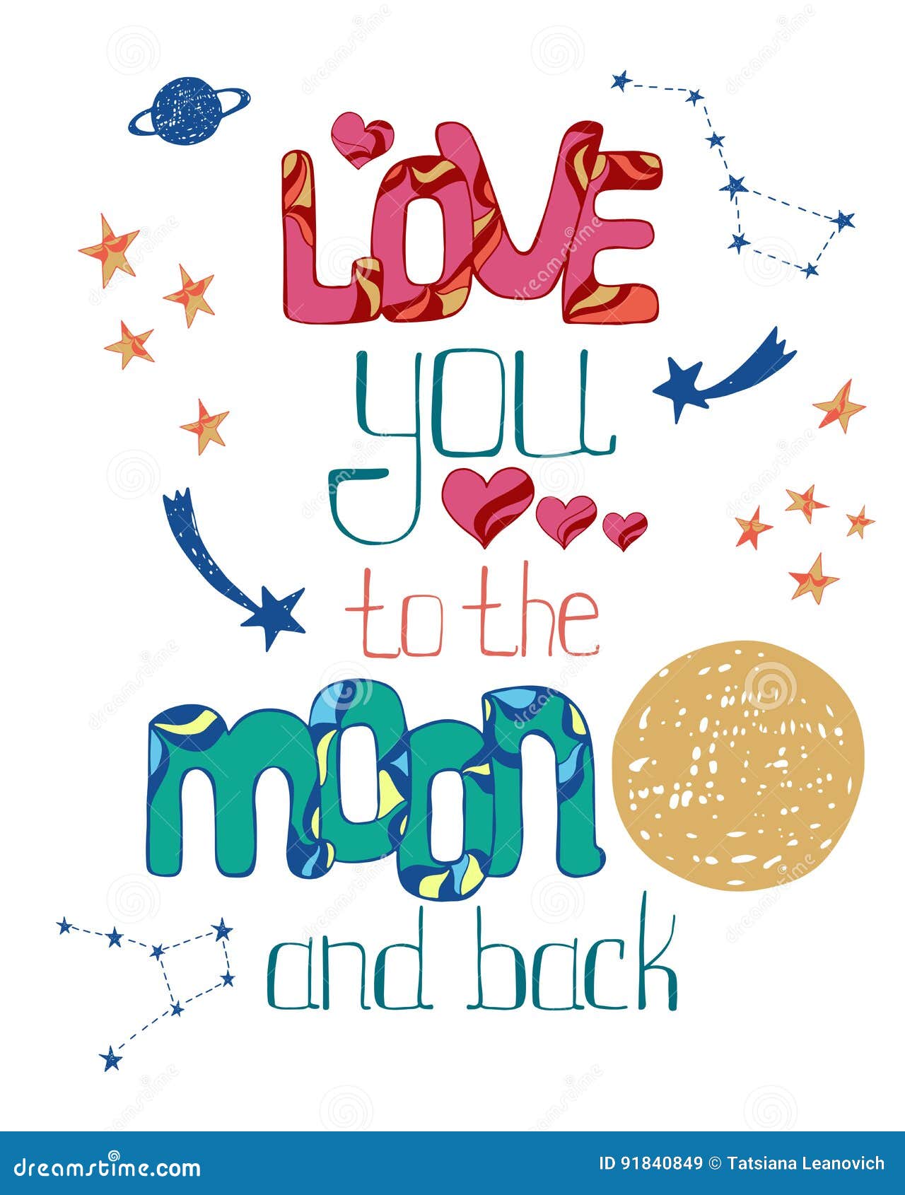 Love To the Moon Back. Hand Drawn Poster with a Romantic Illustration - Illustration of greeting, date: 91840849