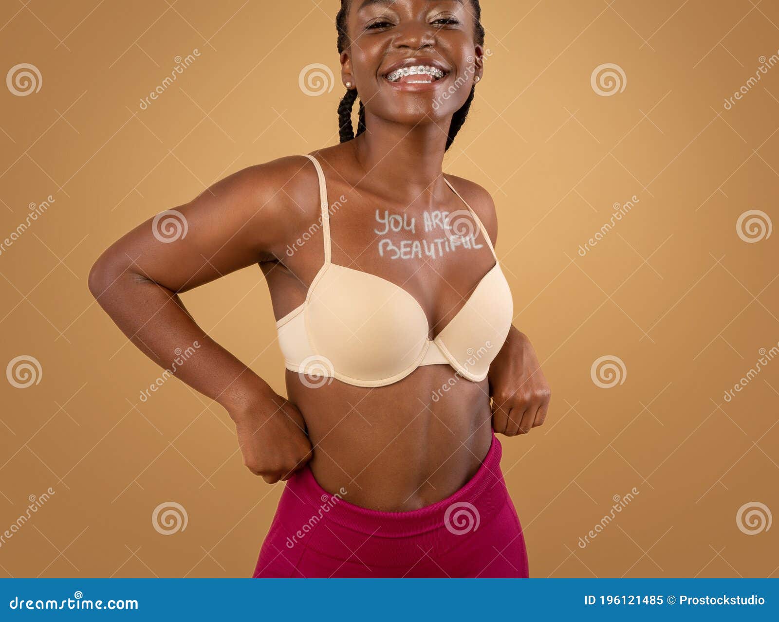 Love Yourself. Cheerful Black Slim Girl with Inscription You`re Beautiful  on Chest Stock Image - Image of brown, braces: 196121485