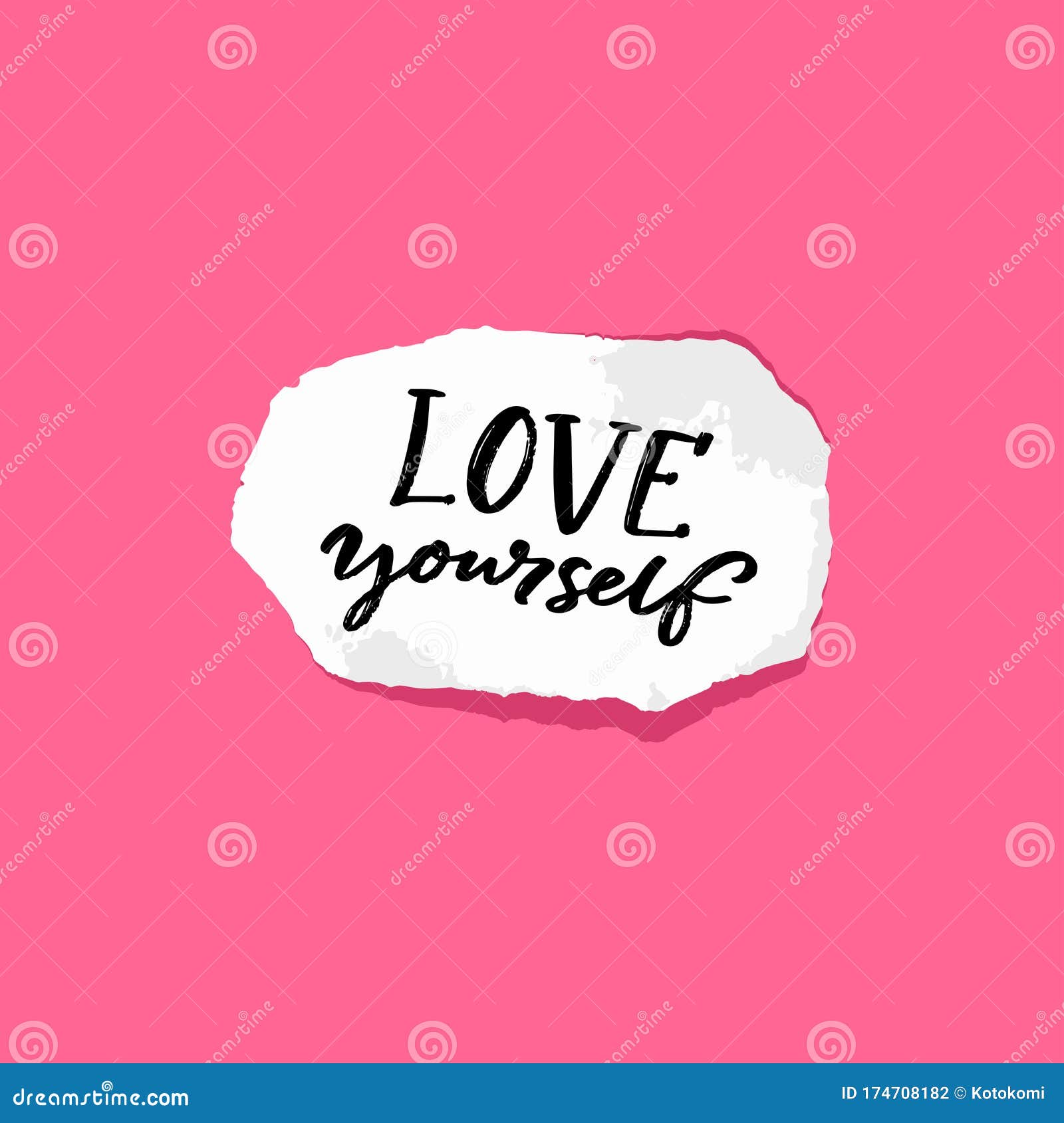 love yourself. positive quote about self acceptance. handwritten note on torn piece of paper, pink background