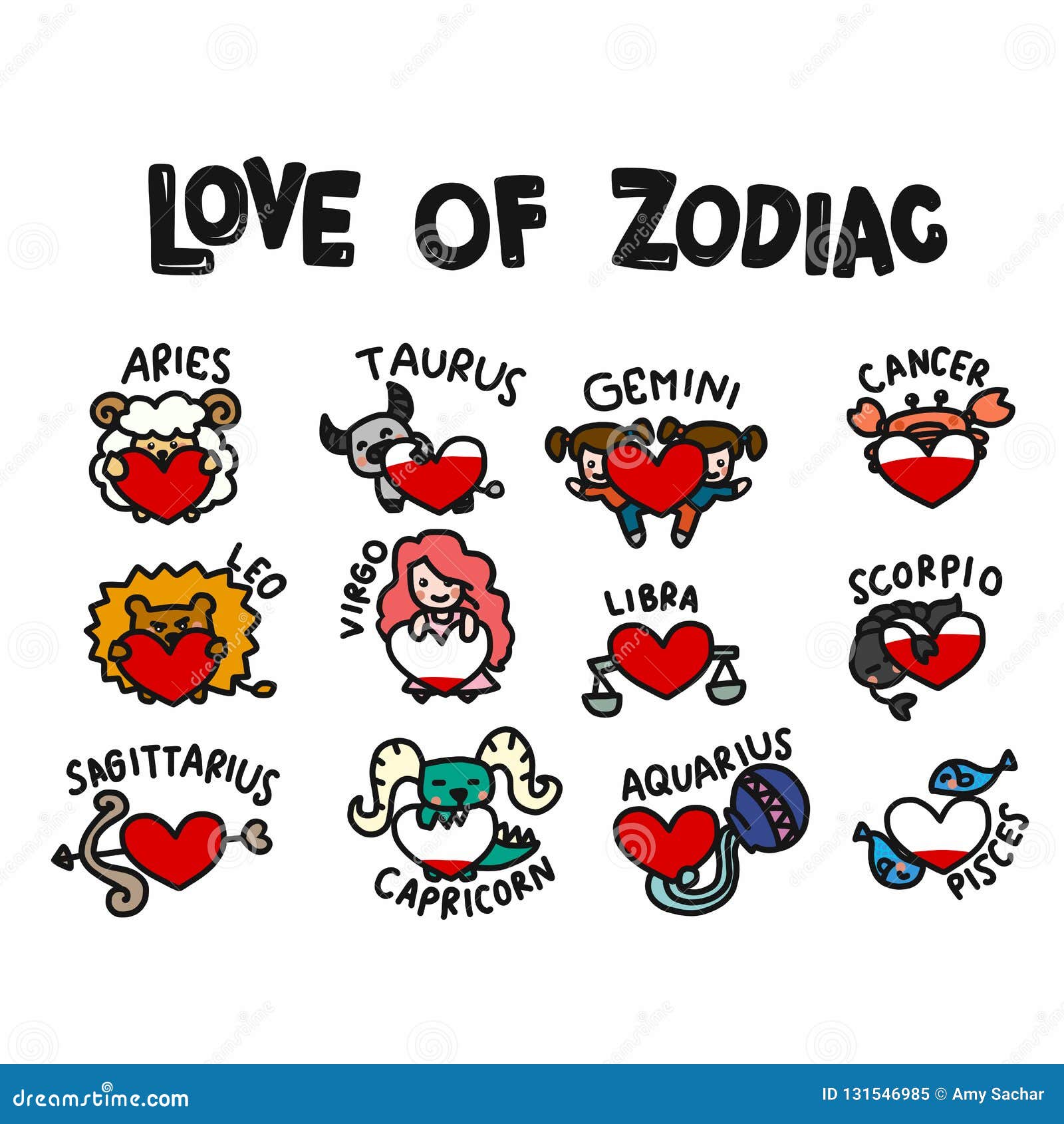 Love of Zodiac Cartoon Doodle Set Vector Illustration Stock Vector ...