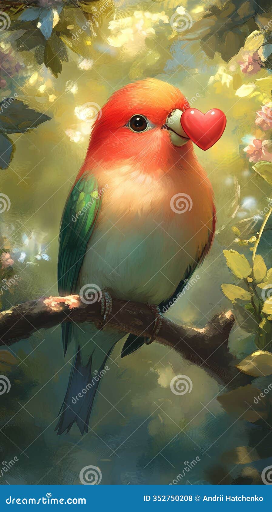 a lovebird perched on a branch holding a small heart in its beak.