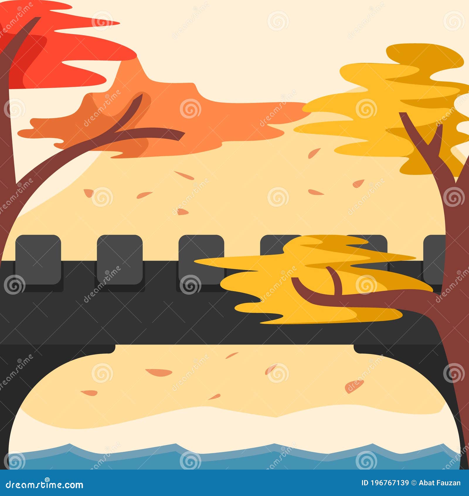 lovely autumn background with bridge adn maple tree, flat  style