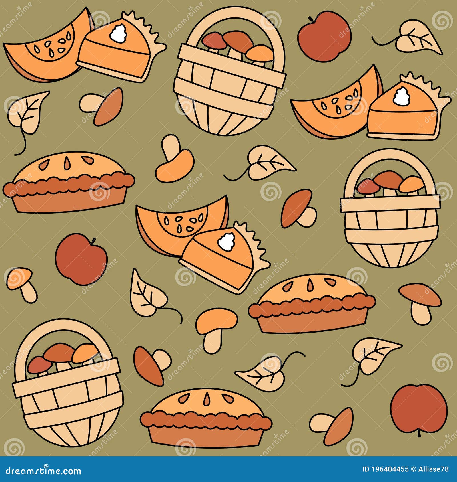cute lovely autumn fall seasonal seamless  pattern background  with apple pie, leaves, mushrooms, pumpkin pie an