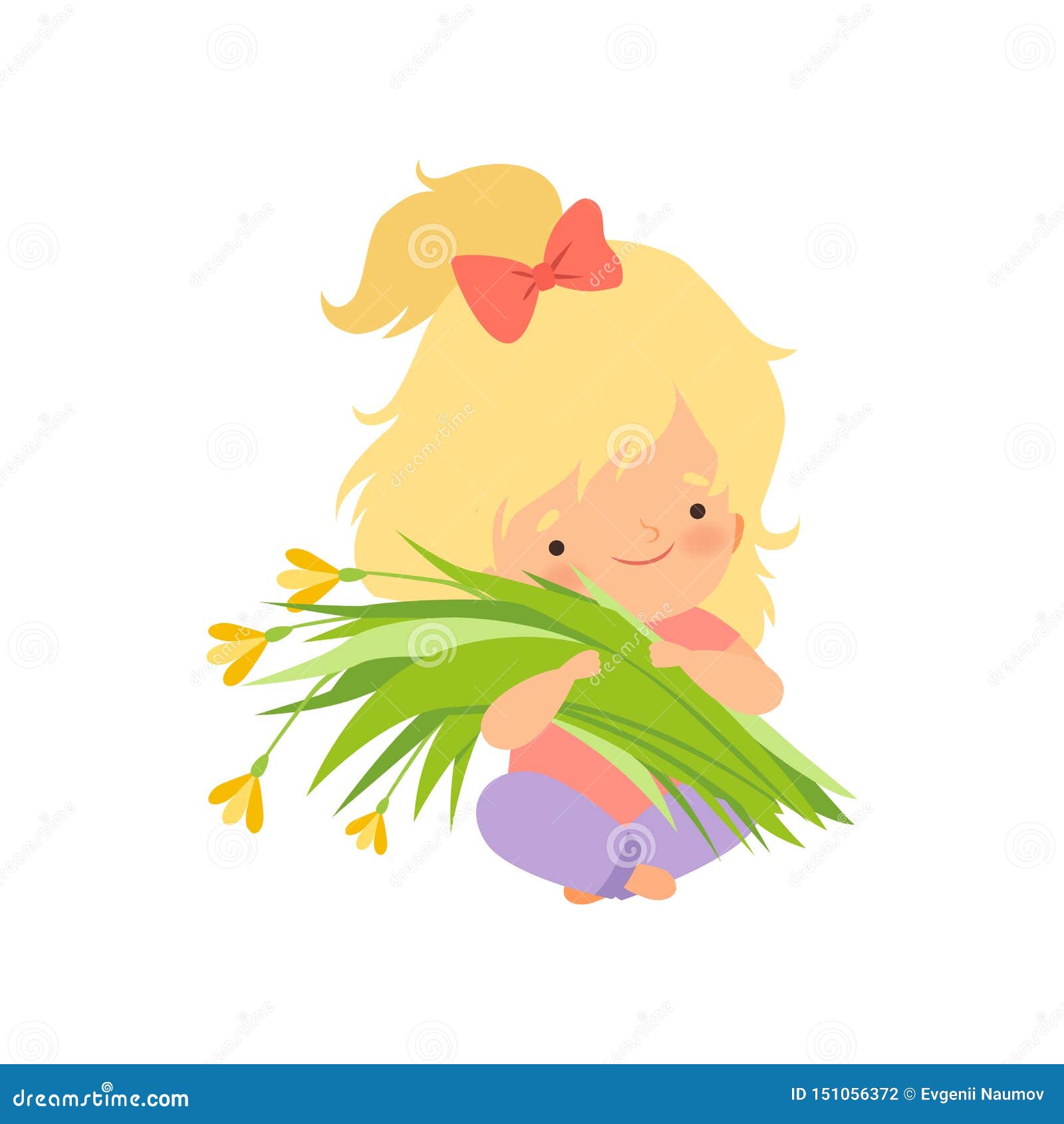 Cute Cartoon Girl on the meadow with flowers