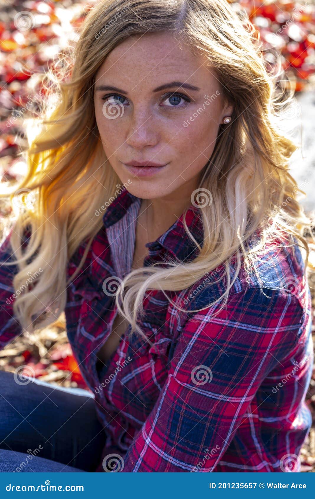 A Lovely Blonde Model Enjoys An Autumn Day Outdoors At The Park Stock