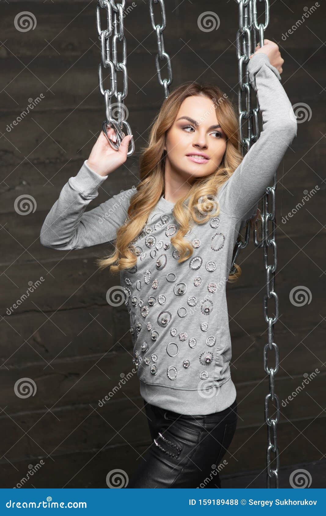 Lovely Blonde Woman Posing Standing Stock Photo - Image of black ...