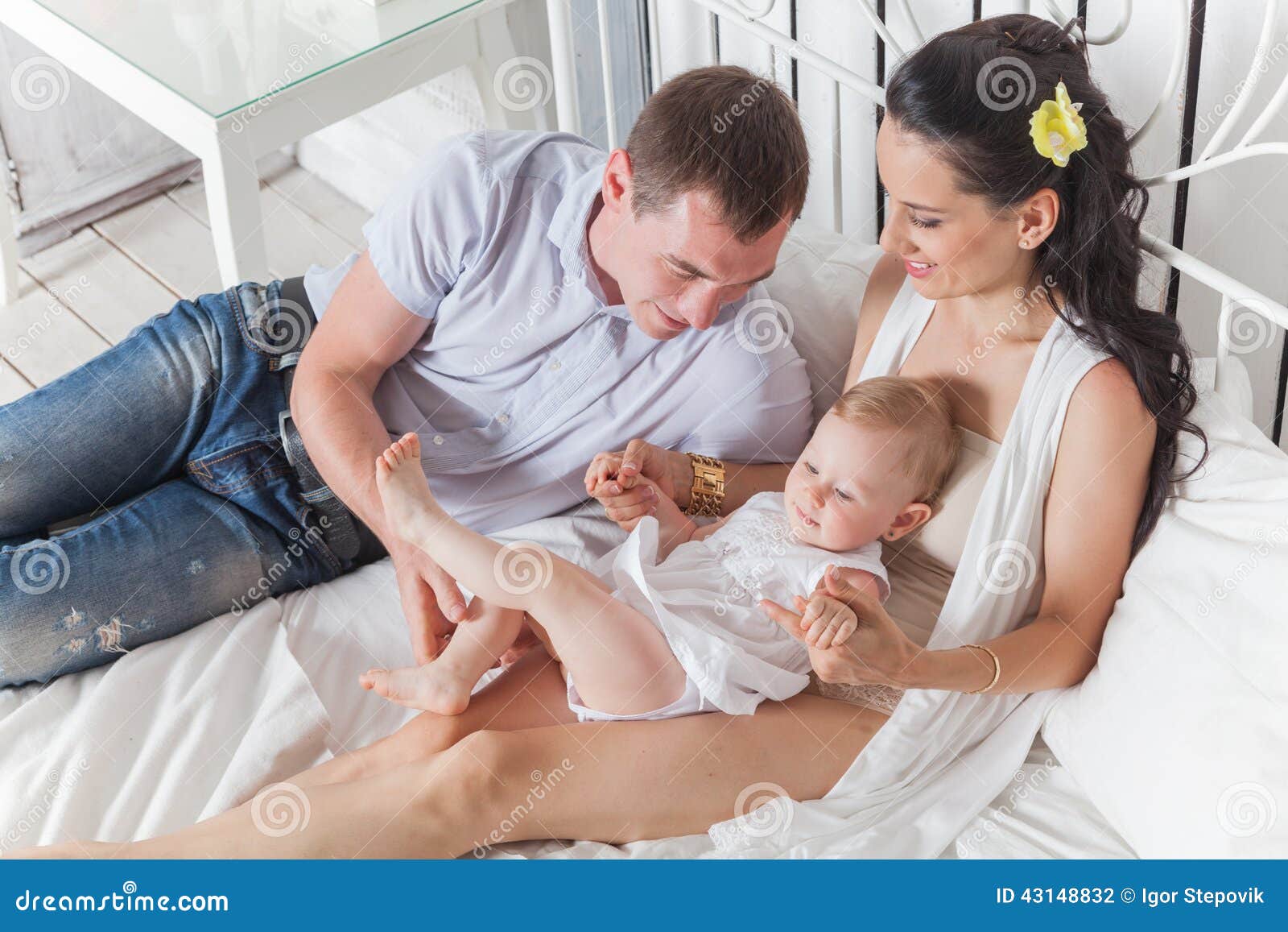 Lovely Family Sitting Together Bed Good Morning Stock Photos ...
