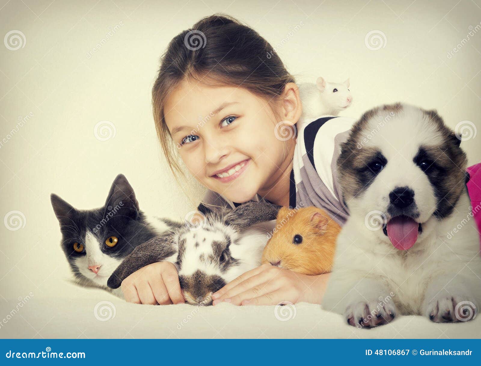 Lovely girl and pets stock image. Image of childhood 48106867